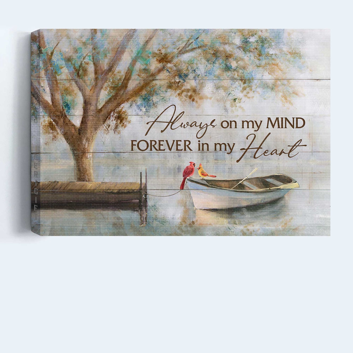 Memorial Landscape Canvas- Beautiful lake, Watercolor cardinal, Boat painting canvas- Gift for members family- Always on my mind, Forever in my heart