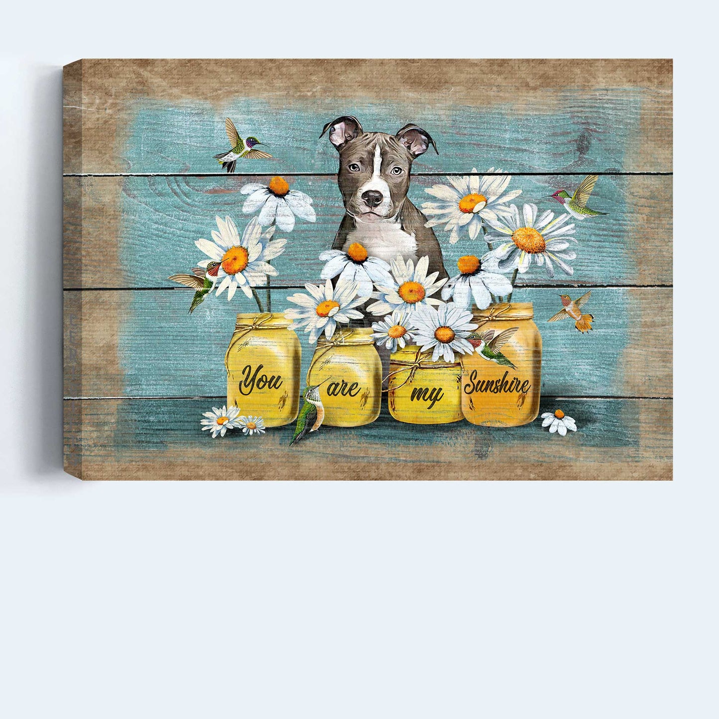 Pit Bull Landscape Canvas - Pit bull, Daisy painting Landscape Canvas - Gift For Pit Bull Lover - You are my sunshine