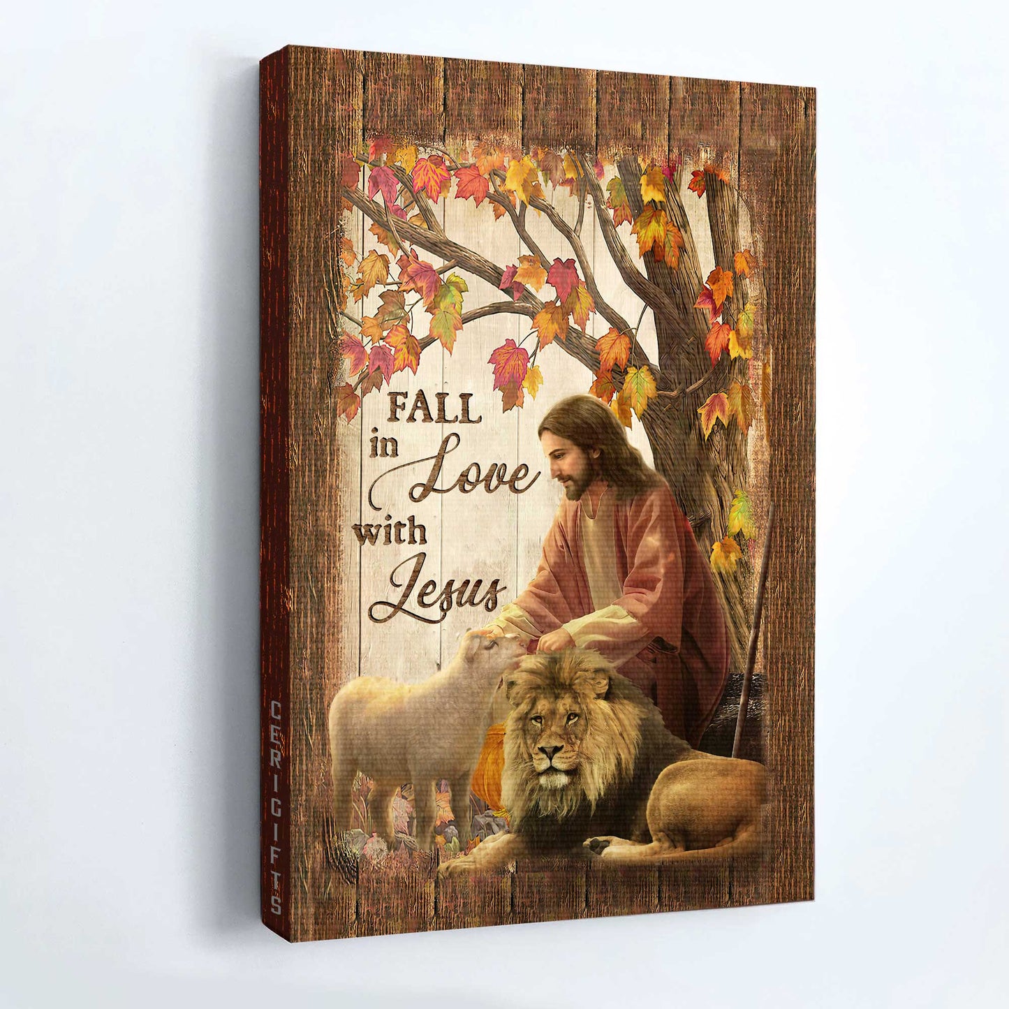 Memorial Portrait Canvas - Autumn forest drawing, Lion of Judah, White lamb Portrait Canvas - Memorial Gift For Family Members - Fall in love with Jesus