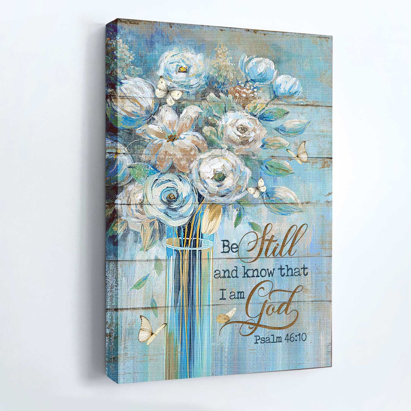 Jesus Portrait Canvas- Pretty flower painting, White butterfly, Bible verse canvas- Gift for Christian- Be still & know that I am God - Portrait Canvas Prints, Christian Wall Art
