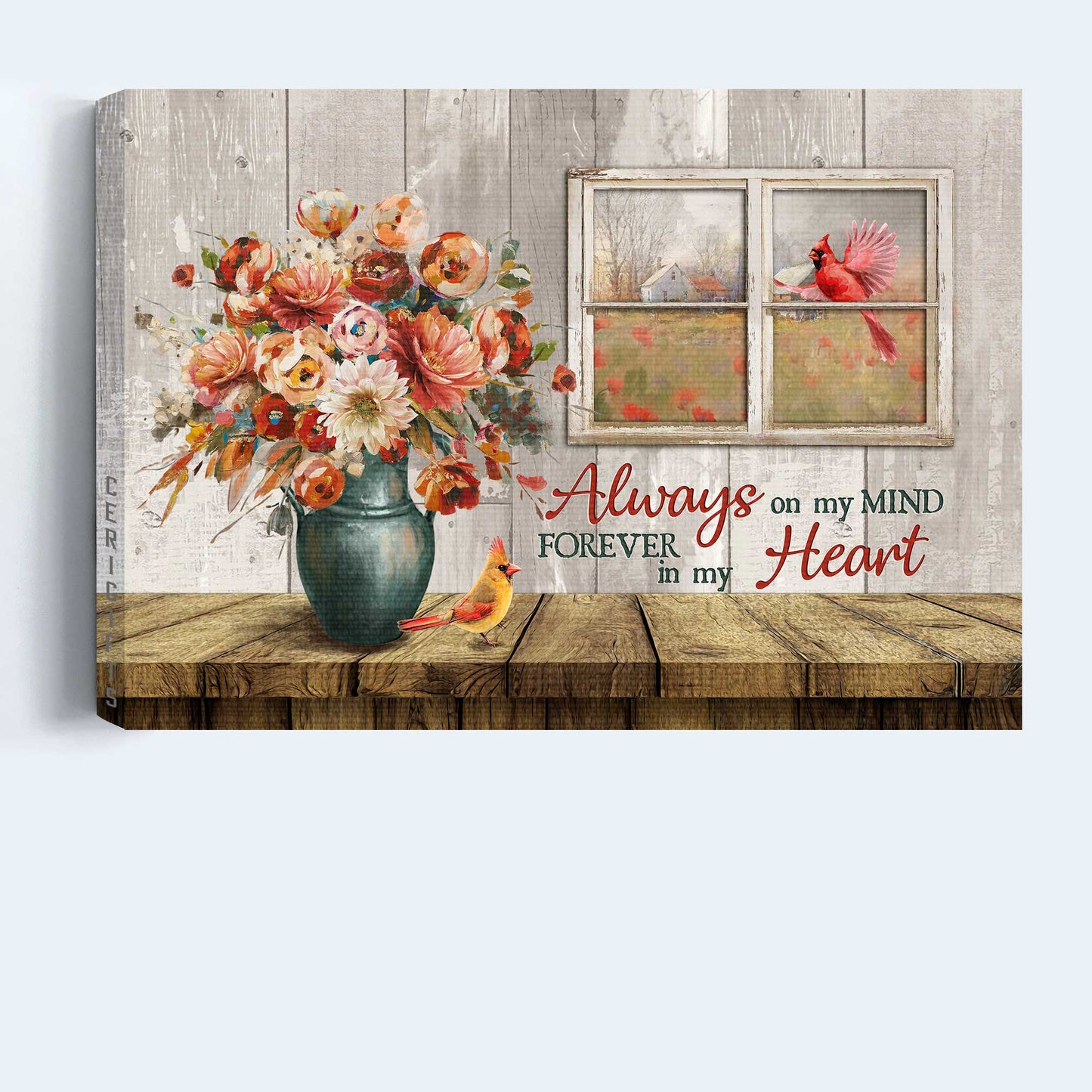 Memorial Landscape Canvas- Brilliant rose flower, Red cardinal, Vintage window canvas- Gift for Christian- Always on my mind