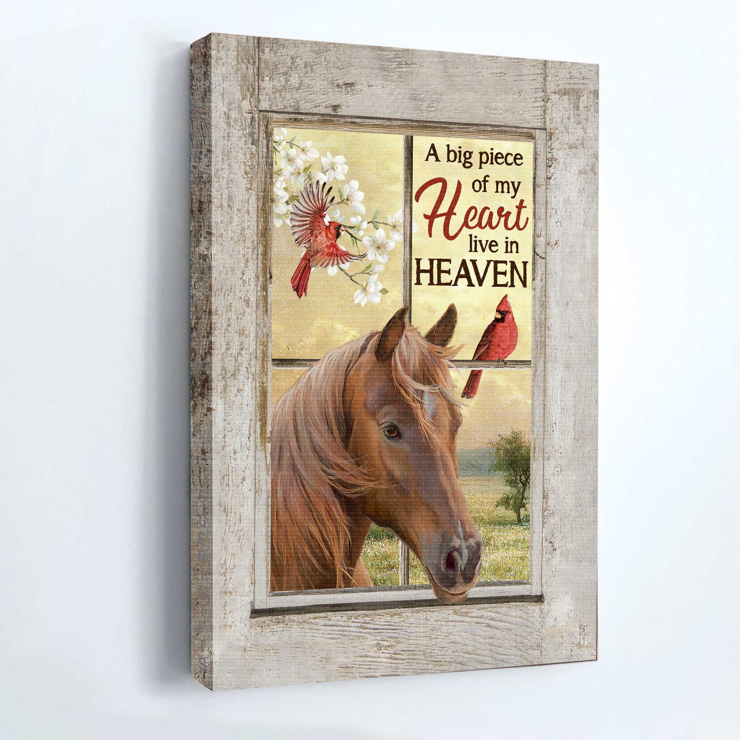 Memorial Portrait Canvas- Beautiful horse, Red cardinal, Jasmine, Heaven Portrait Canvas- Gift for members family- A big piece of my heart live in heaven