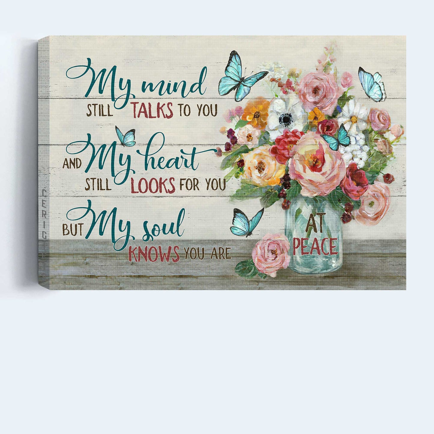 Memorial Landscape Canvas- Brilliant flower painting, Blue butterfly canvas- Gift for members family- My mind still talks to you