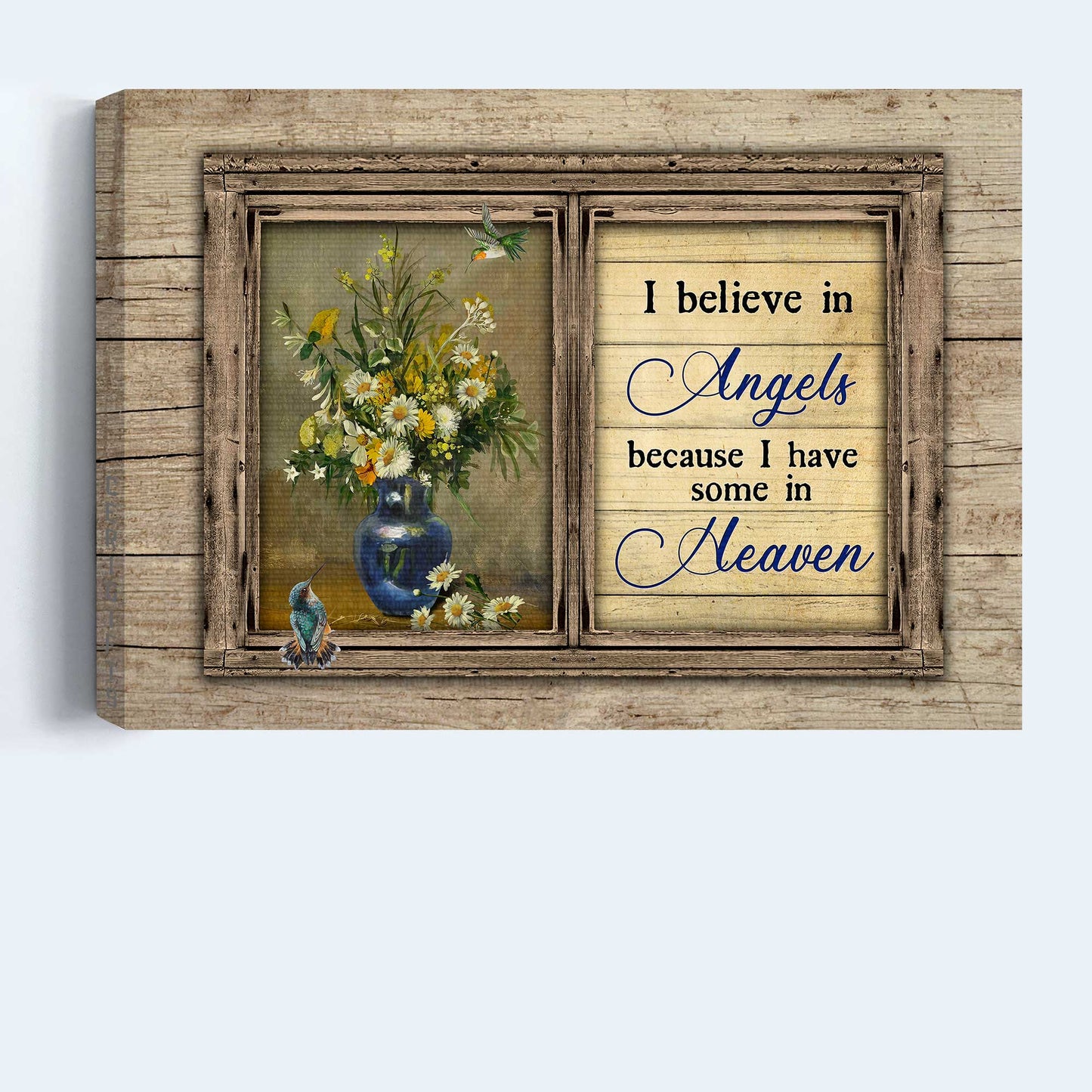 Memorial Landscape Canvas- Brilliant flower drawing, Hummingbird painting canvas- Gift for members family- I believe in angels