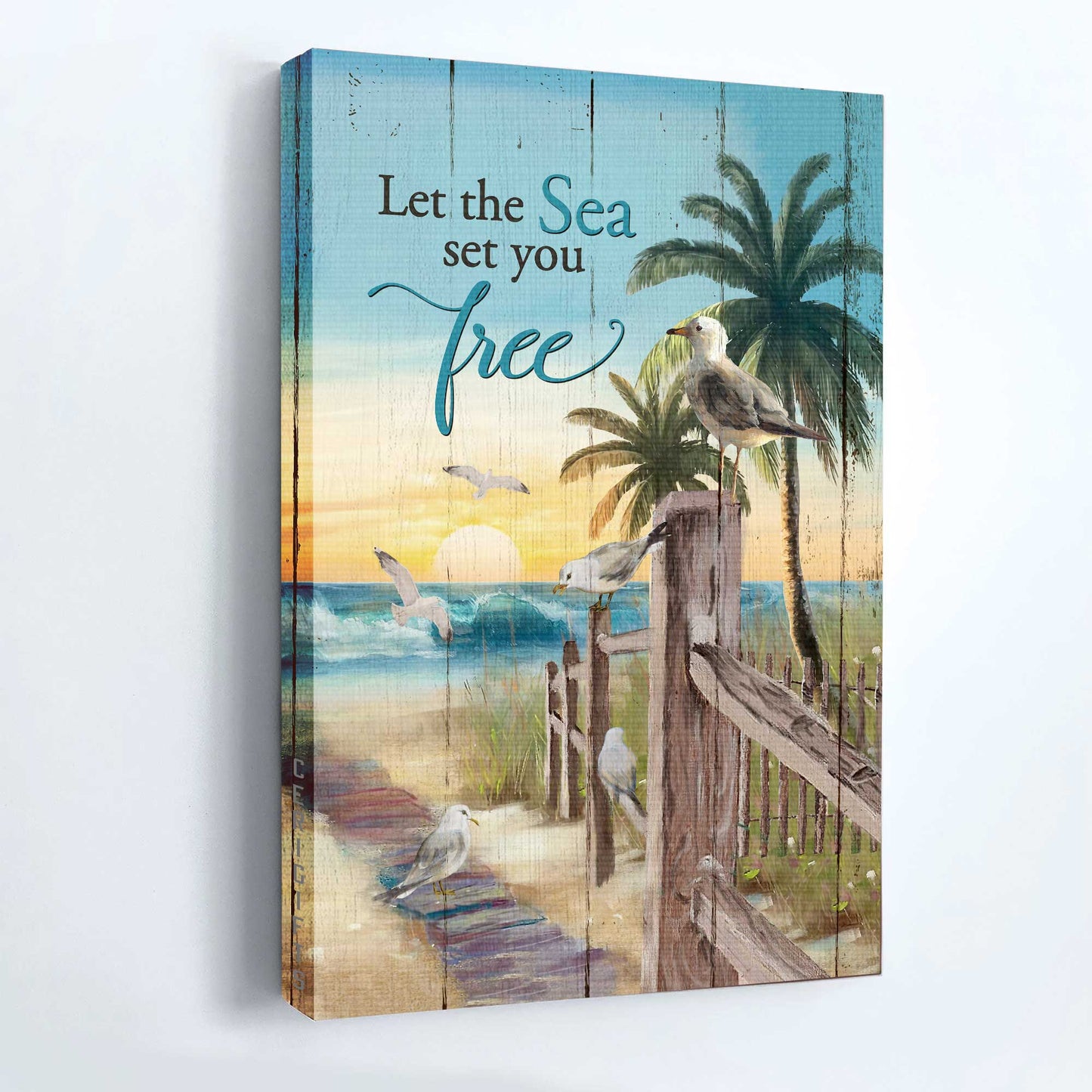 Jesus Portrait Canvas- Seagull painting, Sunrise ocean, Palm tree- Gift for Christian- Let the sea set you free - Portrait Canvas Prints, Christian Wall Art