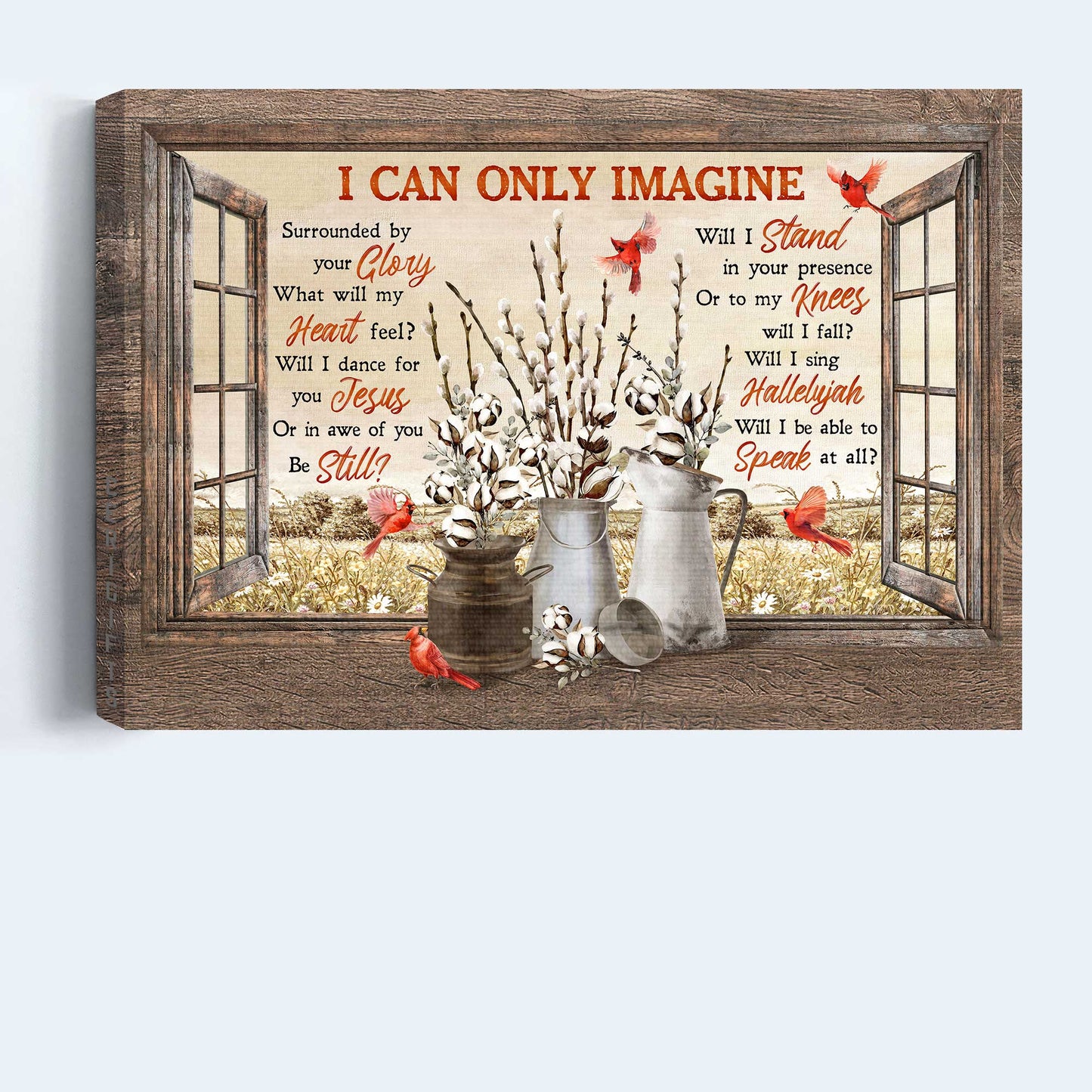 Red Cardinal Landscape Canvas, Christian Wall Decor Framed Art - Cardinal Painting, Cotton Flower, God, Faith, Jesus Canvas , I Can Only Imagine Canvas