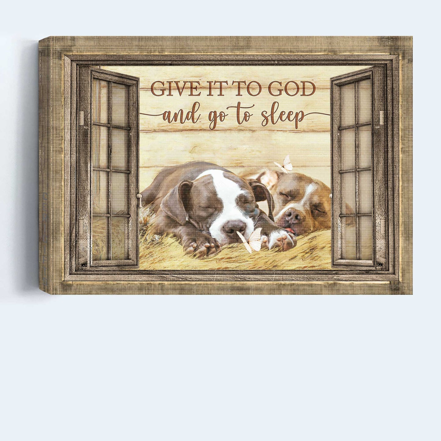 Pit bull Landscape Canvas- Sleeping Pitbull, Window, White butterfly- Gift for dog lover- Give it to God and go to sleep - Landscape Canvas Prints, Wall Art