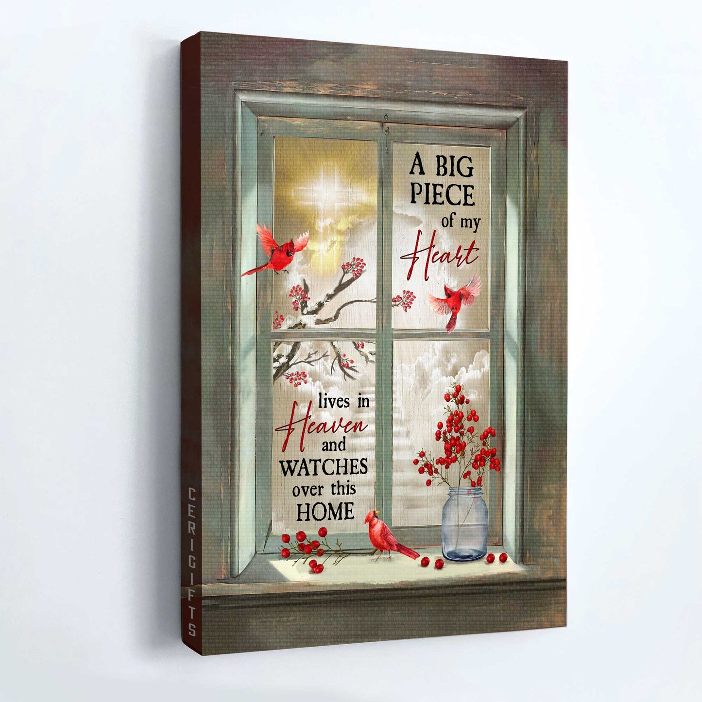 Memorial Portrait Canvas - Through Window Frame, Beautiful Cardinal, Heaven Canvas - Memorial Gift For Family Members - A Big Piece Of My Heart Lives In Heaven