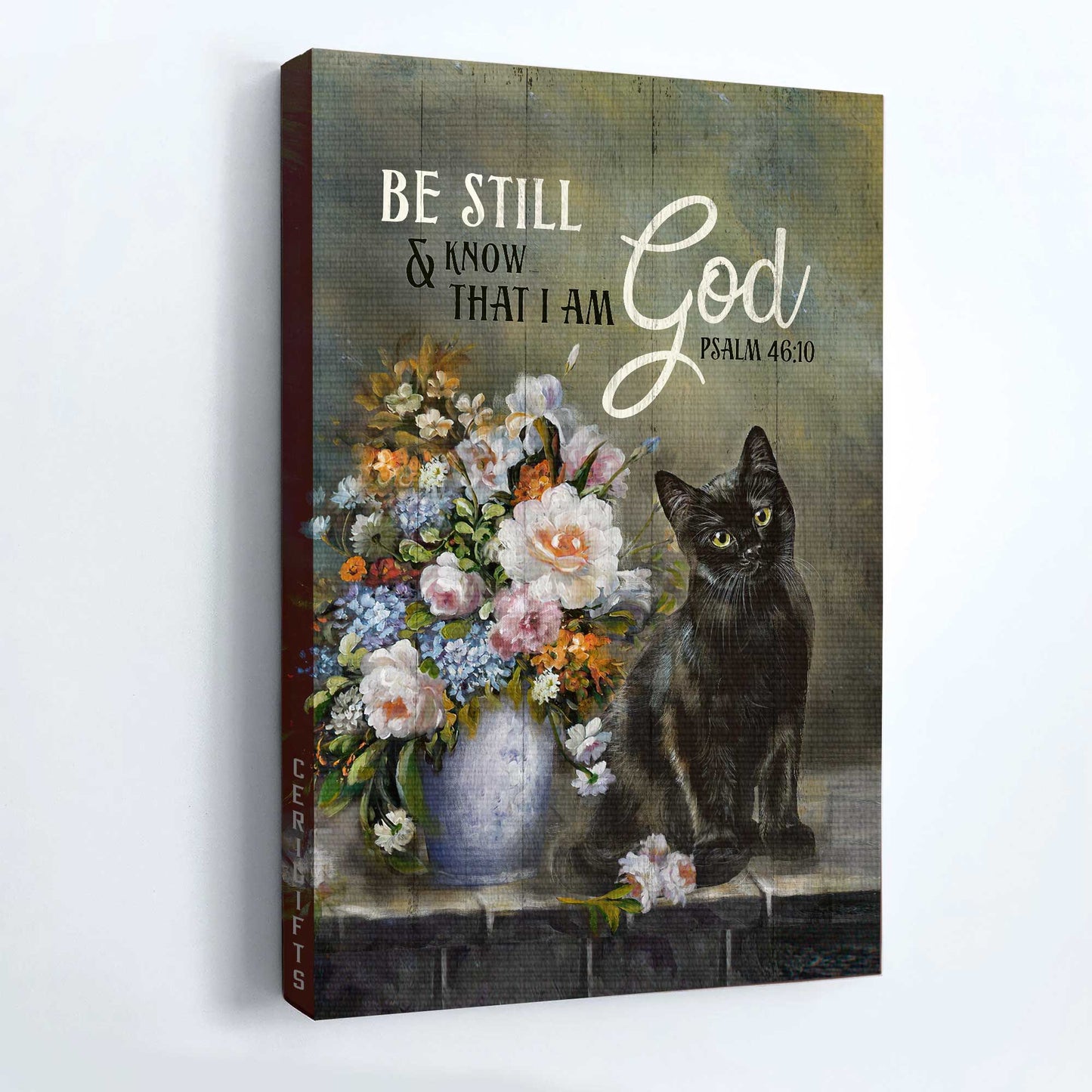 Black cat Portrait Canvas- Black cat painting, Flower vase, Still art- Gift for Cat lover- Be still and know that I am God - Portrait Canvas Prints, Wall Art