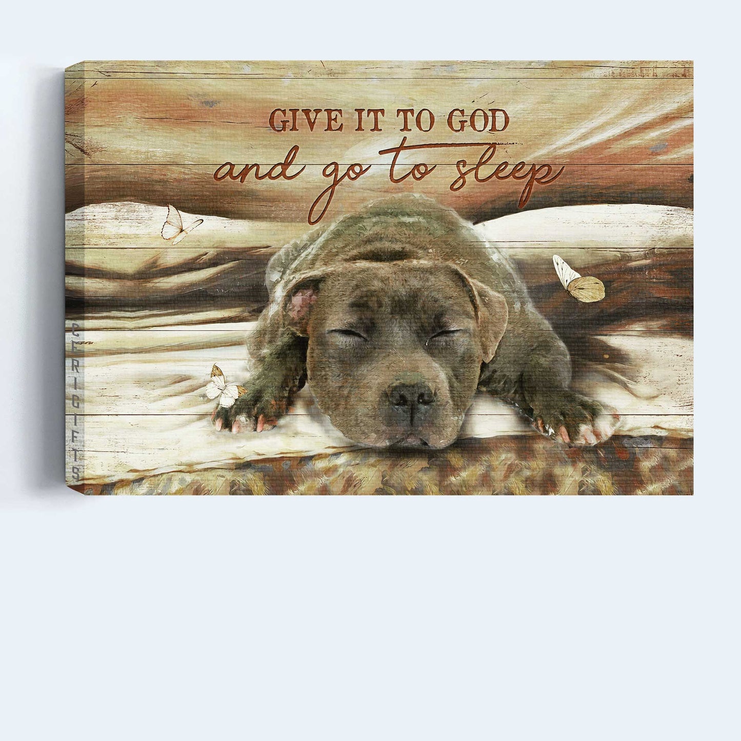 Pitbull Landscape Canvas- Pitbull drawing, White butterfly - Gift for dog lover- Give it to God and go to sleep - Dog Landscape Canvas Prints, Wall Art
