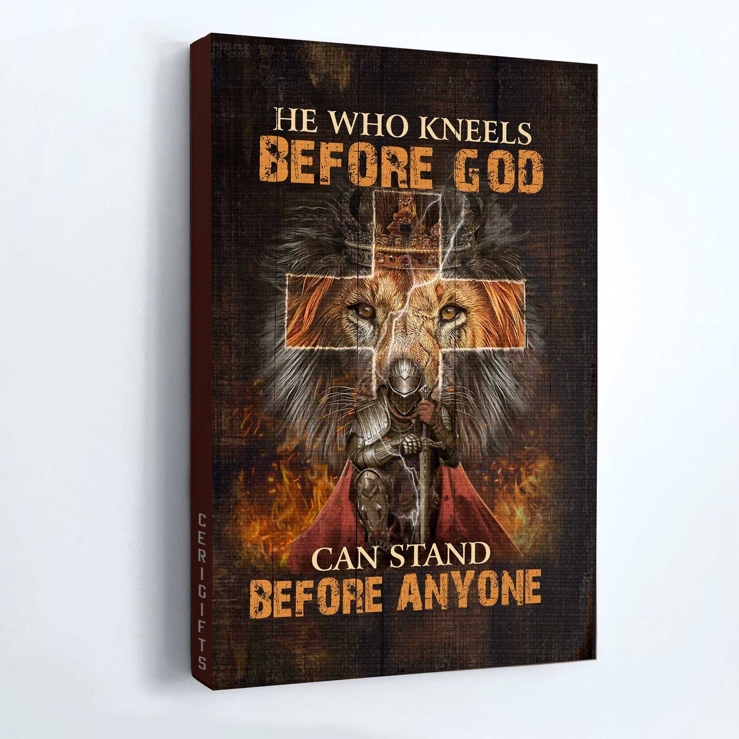 Jesus Portrait Canvas - Warrior, Lion, Cross Canvas - Gift For Christian - He Who Kneels Before God Can Stand Before Anyone Canvas