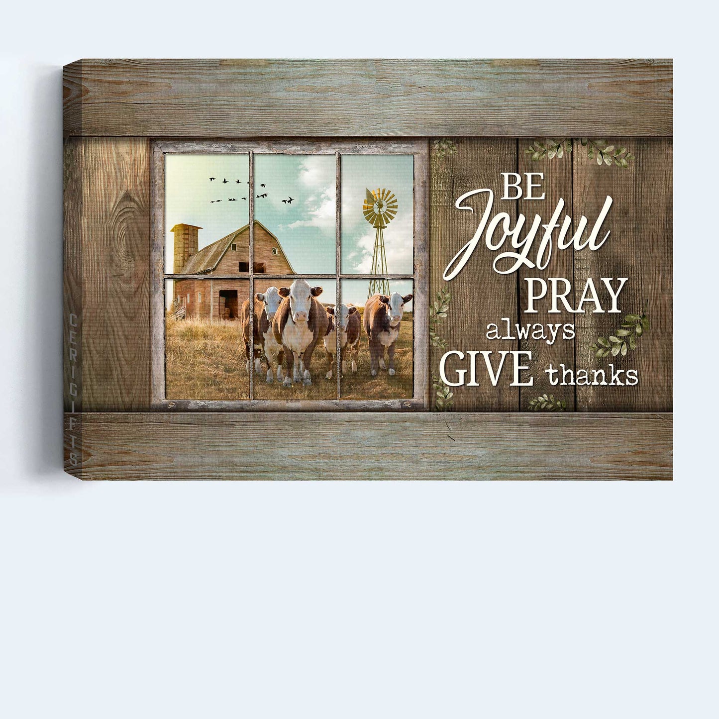 Jesus Landscape Canvas- Dairy cow, Blue sky, Vintage window, Old farm canvas- Gift for Christian- Be joyful, Pray always, Give thanks