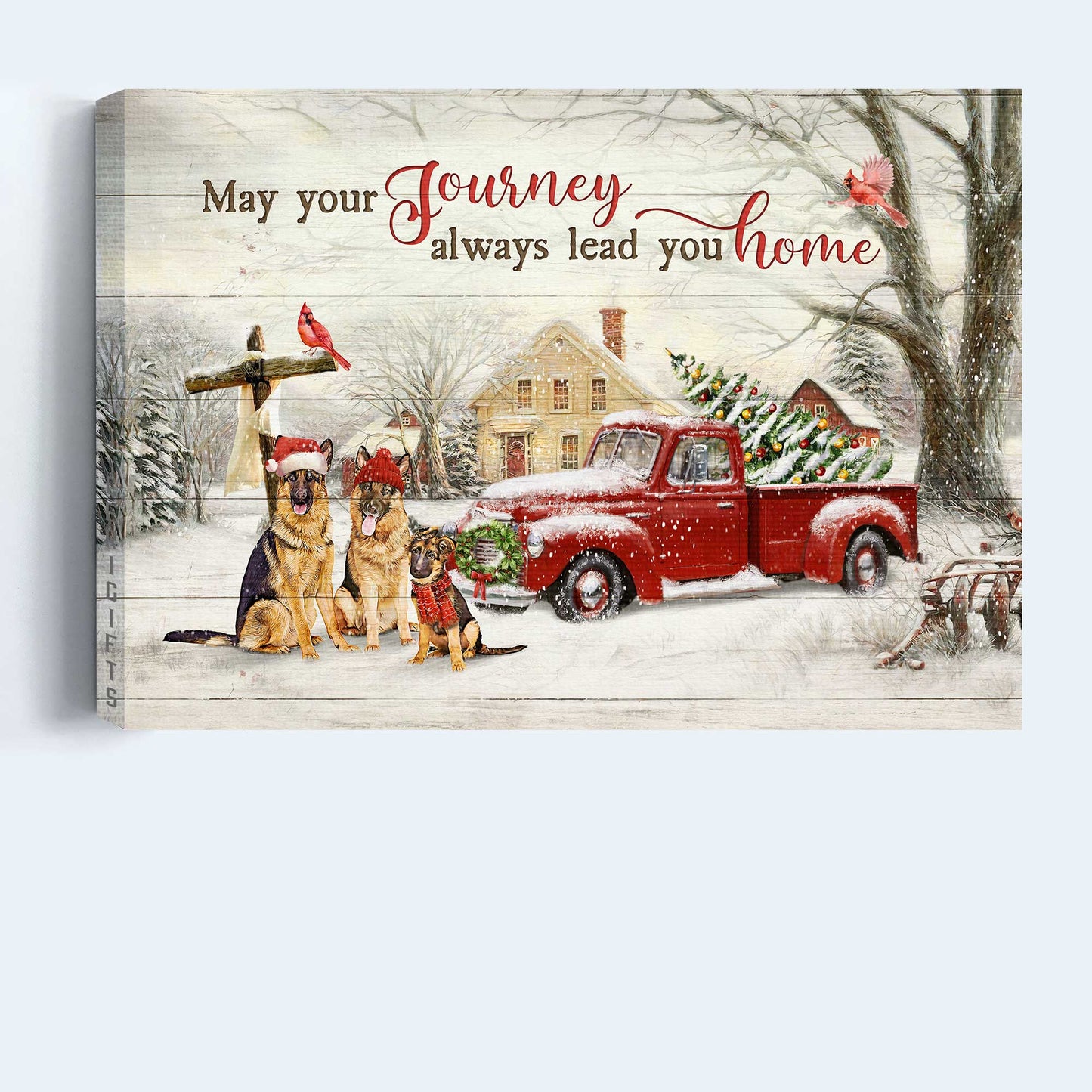 Jesus And German Shepherd Landscape Canvas - Merry Christmas, German Shepherd,  Red Cardinal, Winter Forest, Red Jeep Car, Wooden Cross- Gift For German Shepherd Lover, Christian- May Your Journey Always Lead You Home-  Landscape Canvas