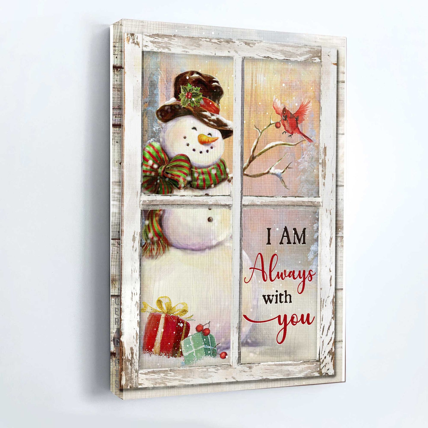 Memorial Portrait Canvas- Happy snowman, Cardinal drawing, Christmas gift- Gift for members family- I am always with you - Heaven Portrait Canvas Prints, Wall Art