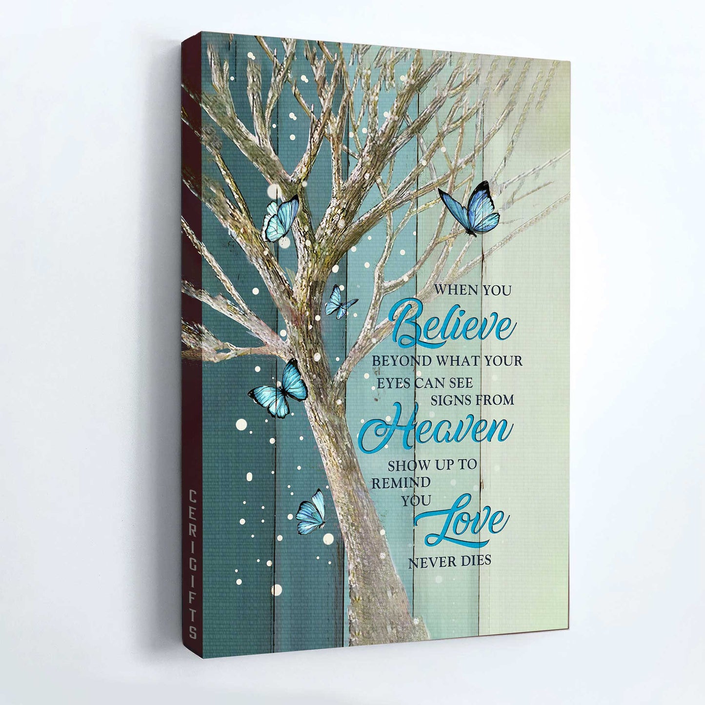 Memorial Portrait Canvas - Blue butterfly, Love, Faith- Gift for Christian - Love never dies - Heaven Portrait Canvas Prints, Wall Art