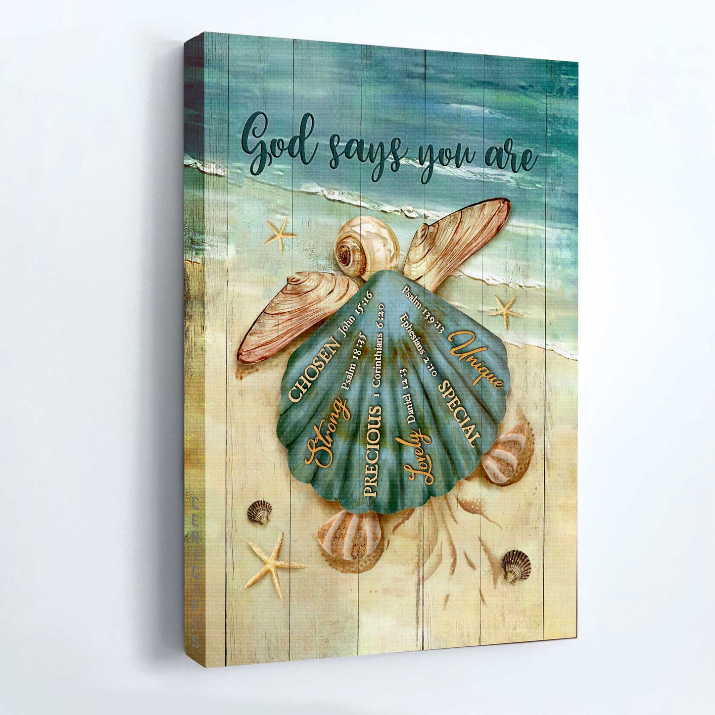 Jesus Portrait Canvas- Seashell art, Baby turtle, On the beach, God says you are- Gift for Christian - Portrait Canvas Prints, Christian Wall Art