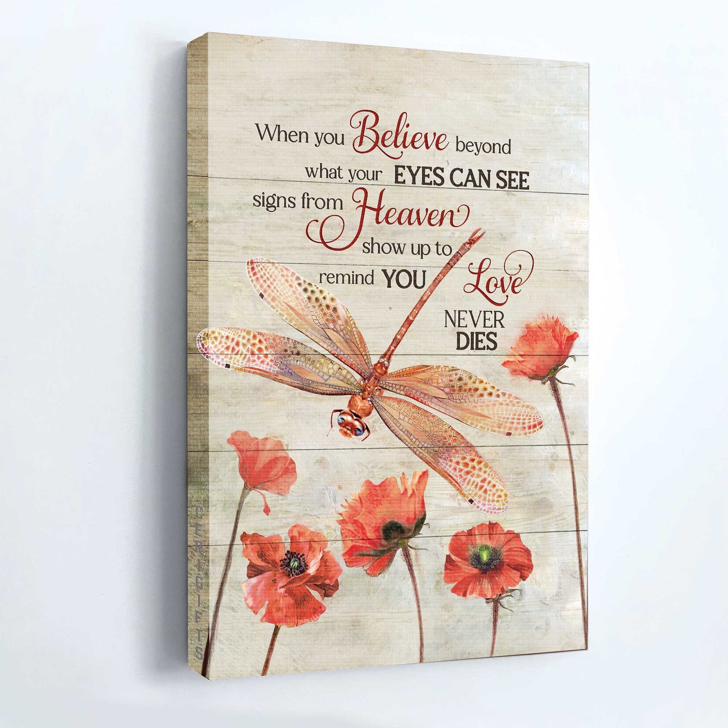 Memorial Portrait Canvas- Red dragonfly, Poppy painting - Gift for members family- Signs from heaven show up to remind you love never dies - Heaven Portrait Canvas Prints, Wall Art