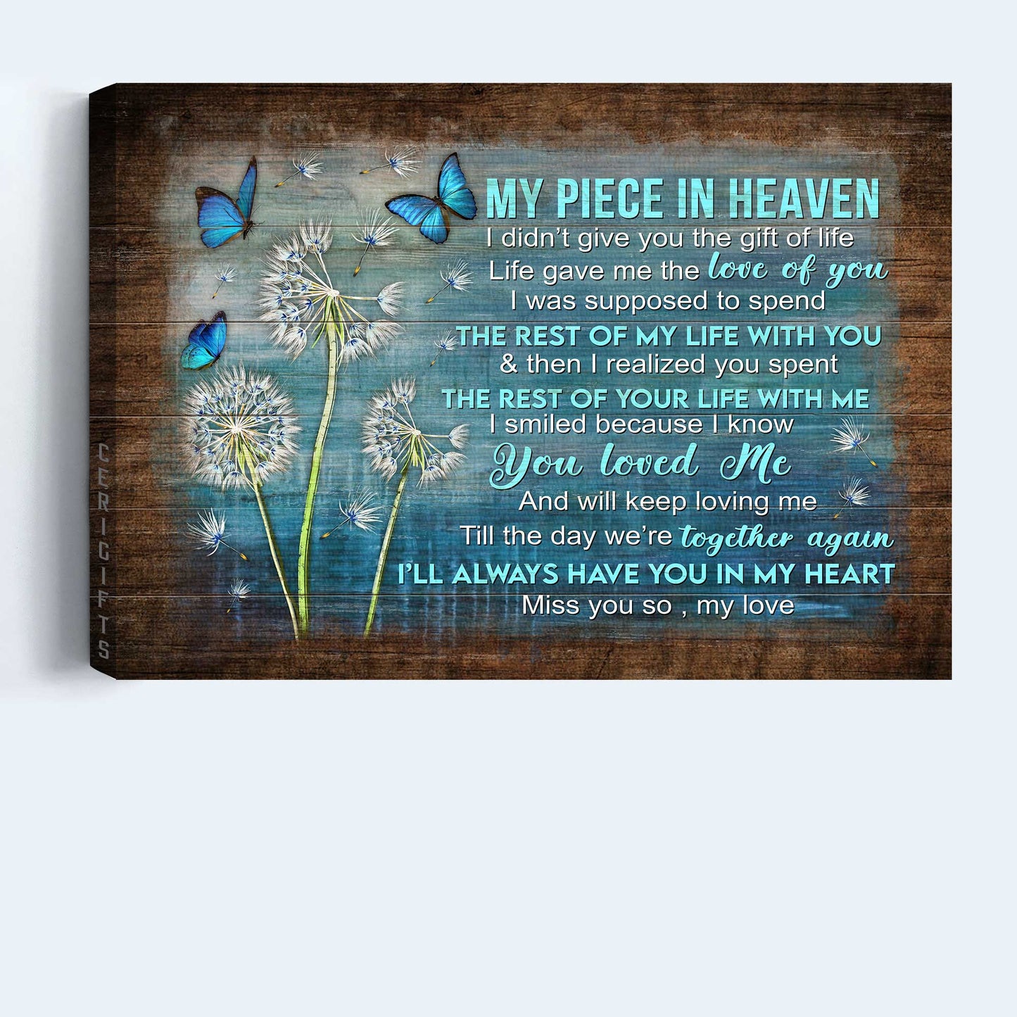 Memorial Landscape Canvas- Beautiful Dandelion Painting, Blue Butterfly Canvas- Gift For Members Family- My Piece In Heaven