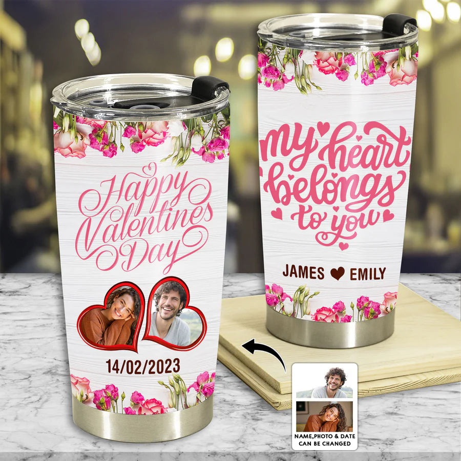 Valentine Personalized Tumbler, Personalized Photo Gifts, Valentines Gift For Her, Him, My Heart Belongs To You Custom Photo Personalized