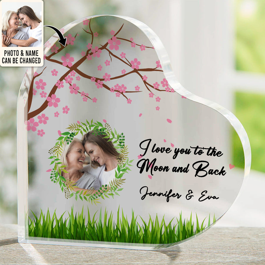 Mother's Day Mom And Daughter Love Moon And Back Custom Photo - Heart Shaped Acrylic Plaque - Personalized Photo Gifts For Mother, Mom, Mama
