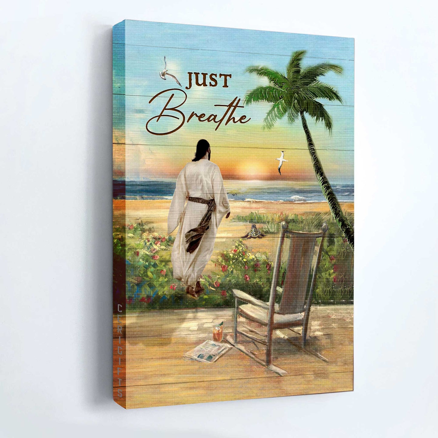 Jesus Portrait Canvas- Pretty sunset, Wooden chair, Flower painting, Seagull, Just breathe canvas- Gift for Christian - Portrait Canvas Prints, Christian Wall Art
