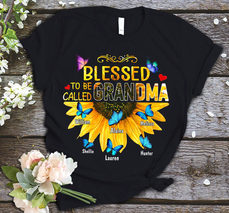 Grandma Sunflower Custom T-Shirt, Mother's Day Personalized T-Shirt, Custom Blessed To Be Called Grandma - Gift For Granma, Mimi, Nana, Grammy