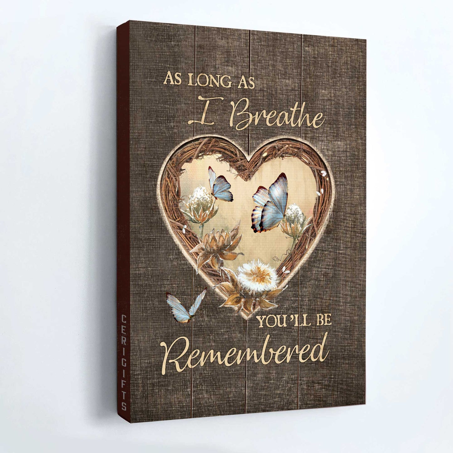 Memorial Portrait Canvas- Blue butterfly, Heart wreath, Pretty wildflower canvas- Gift for members family- As long as I breathe, you'll be remembered - Heaven Portrait Canvas Prints, Wall Art