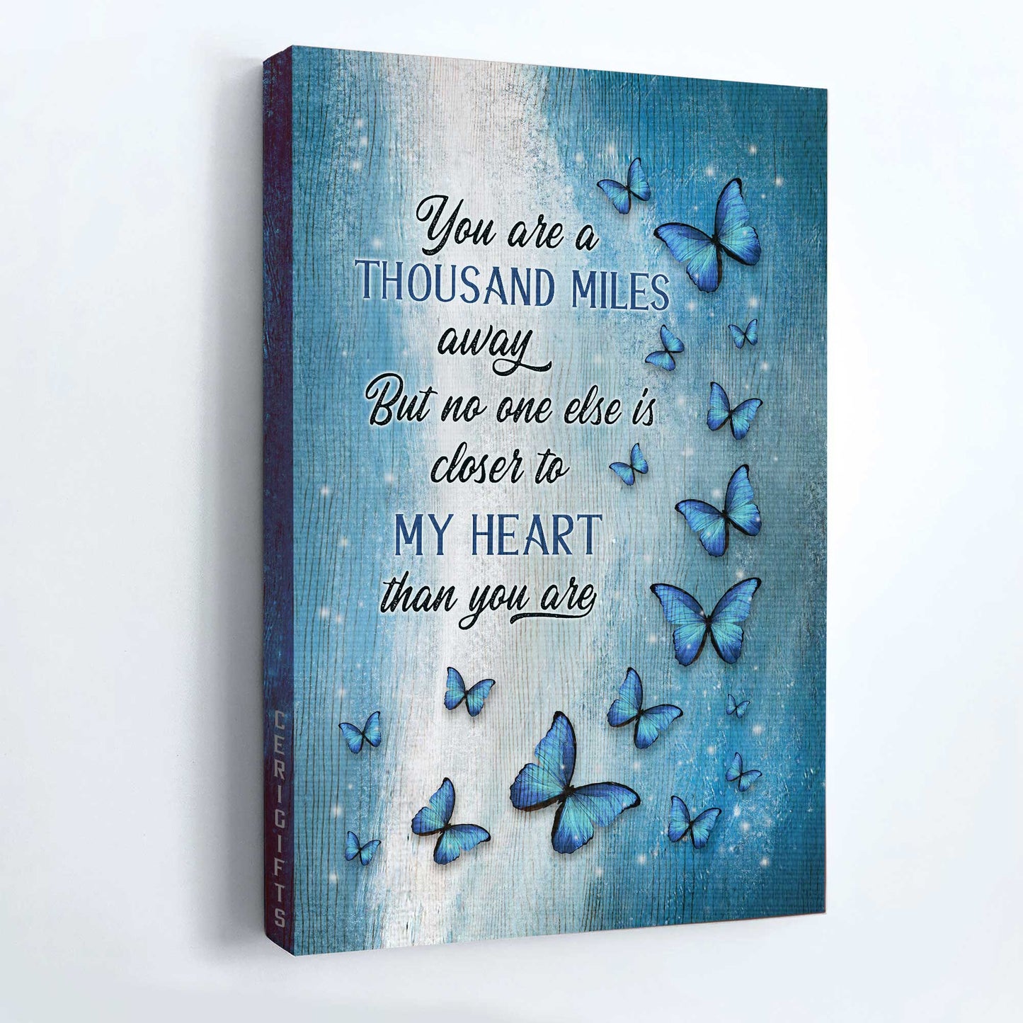 Memorial Portrait Canvas- Blue butterfly canvas- Gift for members family- You are thousand miles away but no one else is closer to my heart than you are - Heaven Portrait Canvas Prints, Wall Art