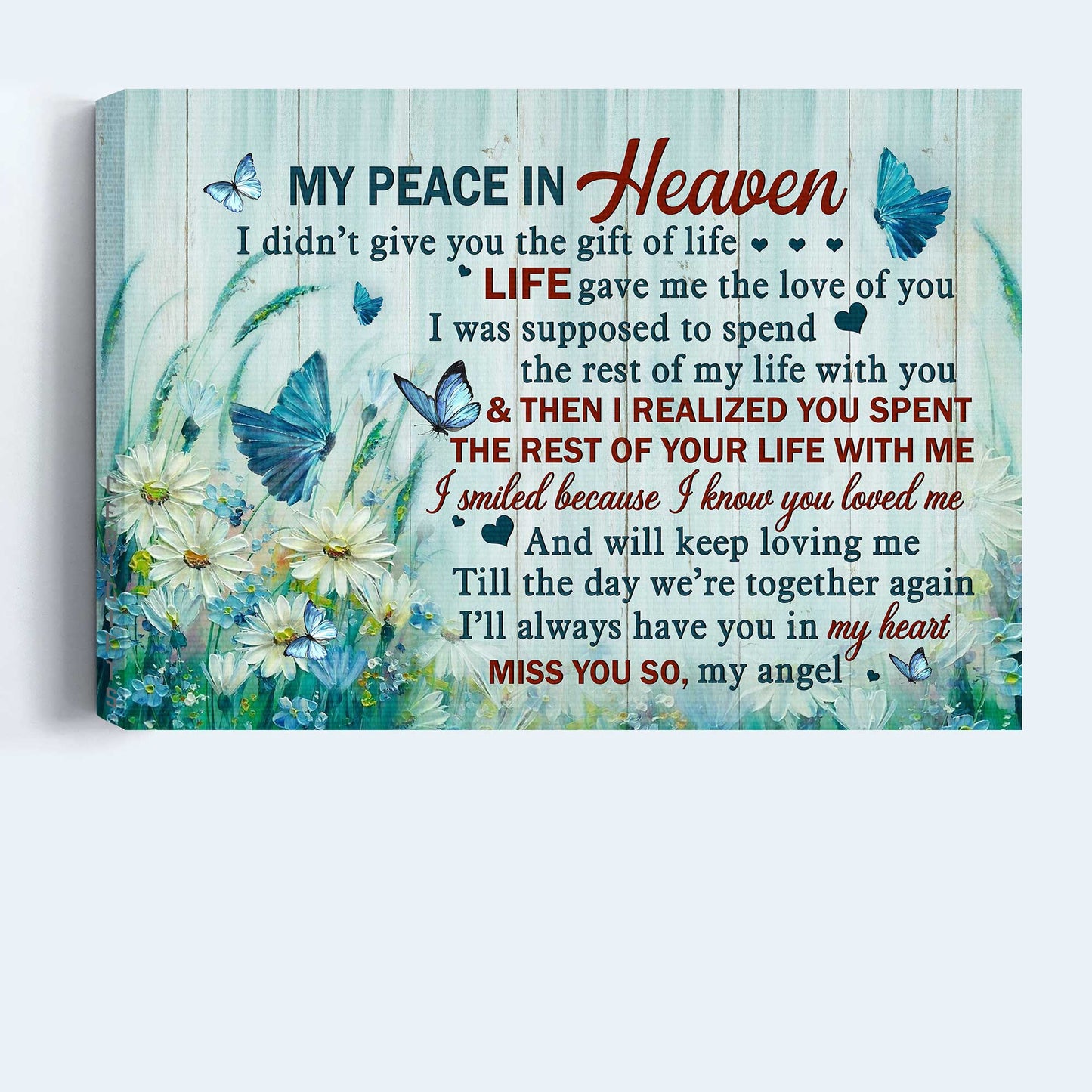 Memorial Landscape Canvas- Daisy field painting, Blue butterfly canvas- Gift for Christian- I smiled because I know you loved me