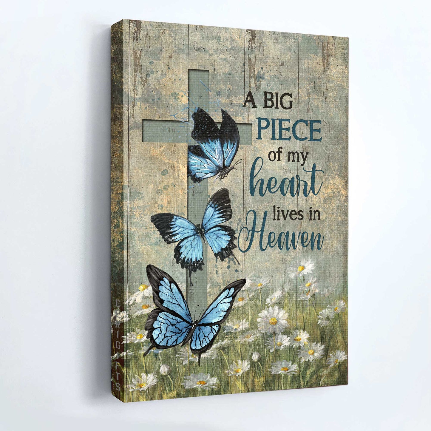 Memorial Portrait Canvas- Blue butterfly, Cross symbol, Daisy field- Gift for members family- A big piece of my heart lives in heaven - Heaven Portrait Canvas Prints, Wall Art