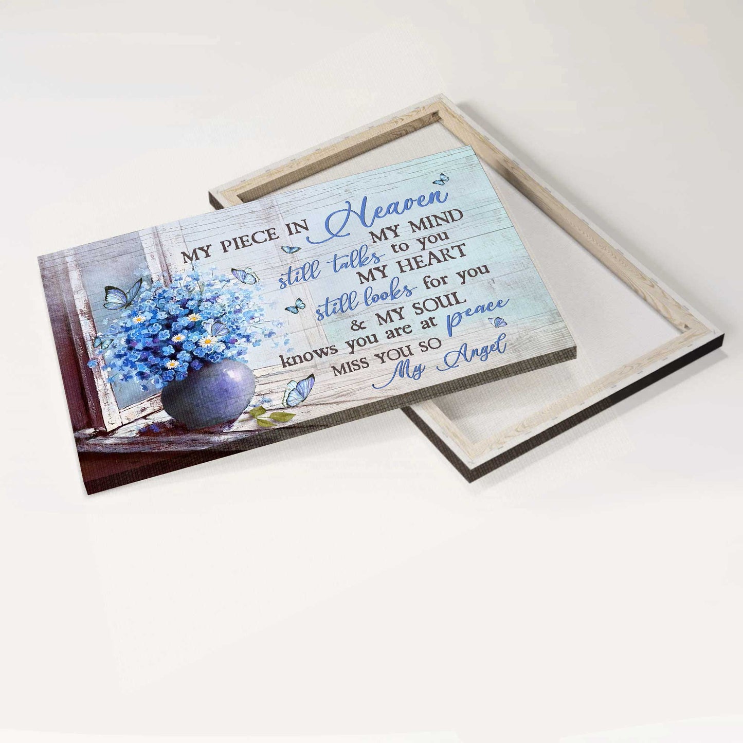 Memorial Landscape Canvas- Blue butterfly , Baby Blue Eyes canvas- Gift for family- My heart still looks for you & my souls knows you are at peace - Heaven Landscape Canvas Prints, Wall Art