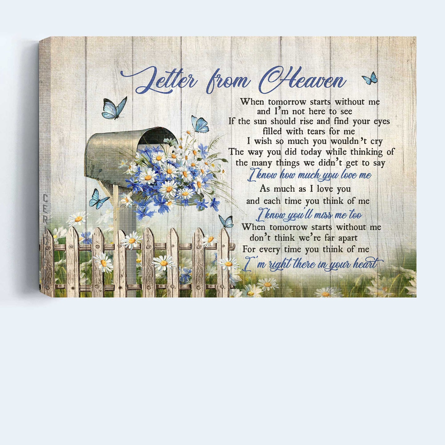 Memorial Landscape Canvas- Daisy drawing, Letter box, Blue background, Butterfly canvas- Gift for members family - Letter from heaven