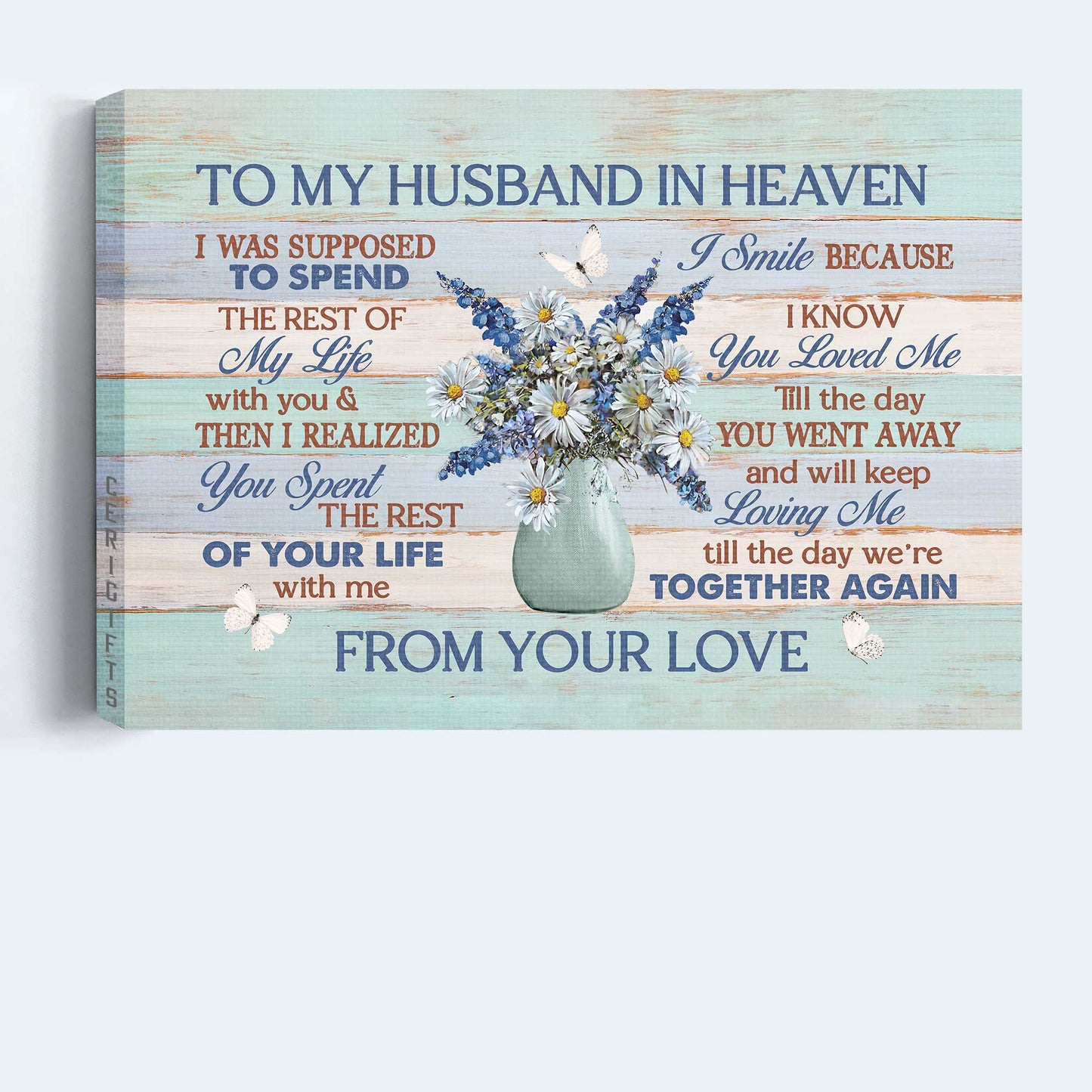 Memorial Landscape Canvas- To my husband canvas, Daisy drawing, White butterfly, Blue hyacinth canvas- Gift for Husband- To my husband in heaven from your love