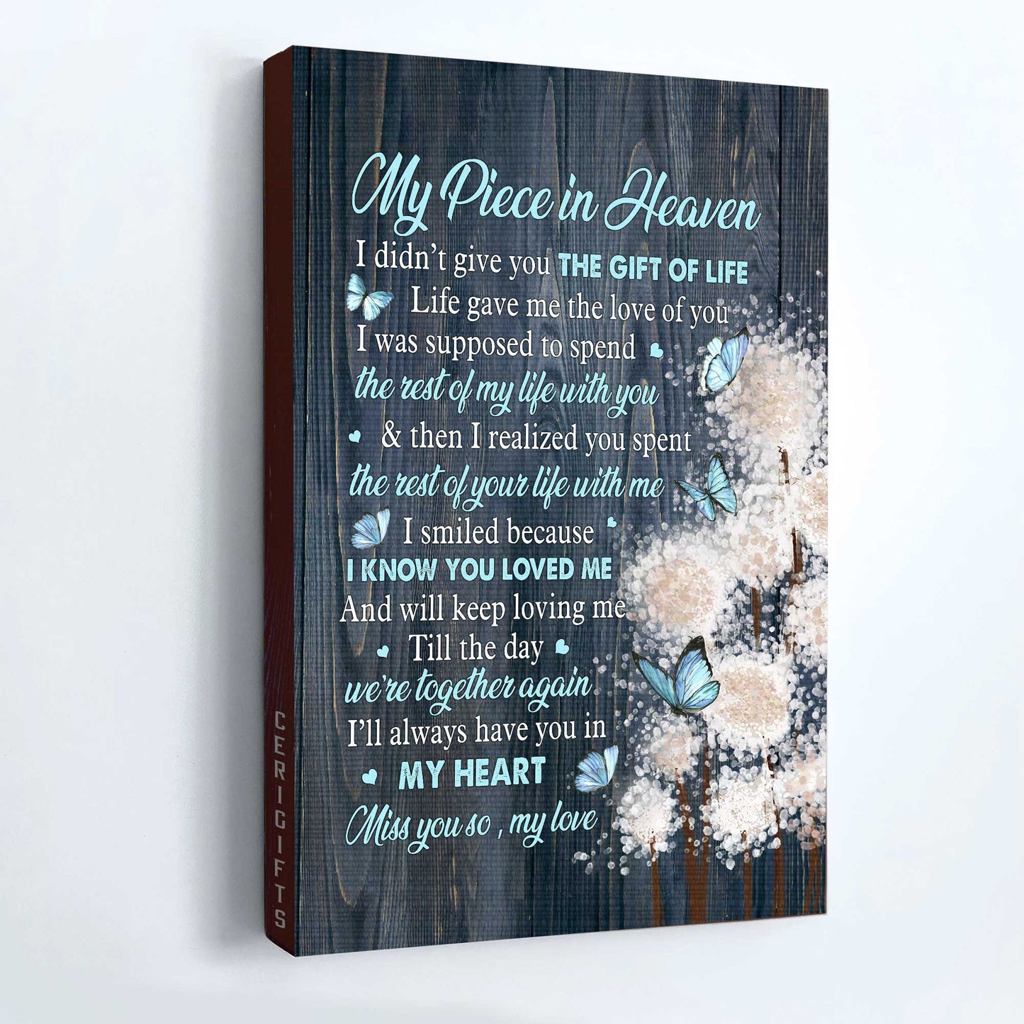 Memorial Portrait Canvas- Blue Butterfly, Dandelion - Gift for members family- I'll always have you in my heart - Heaven Portrait Canvas Prints, Wall Art