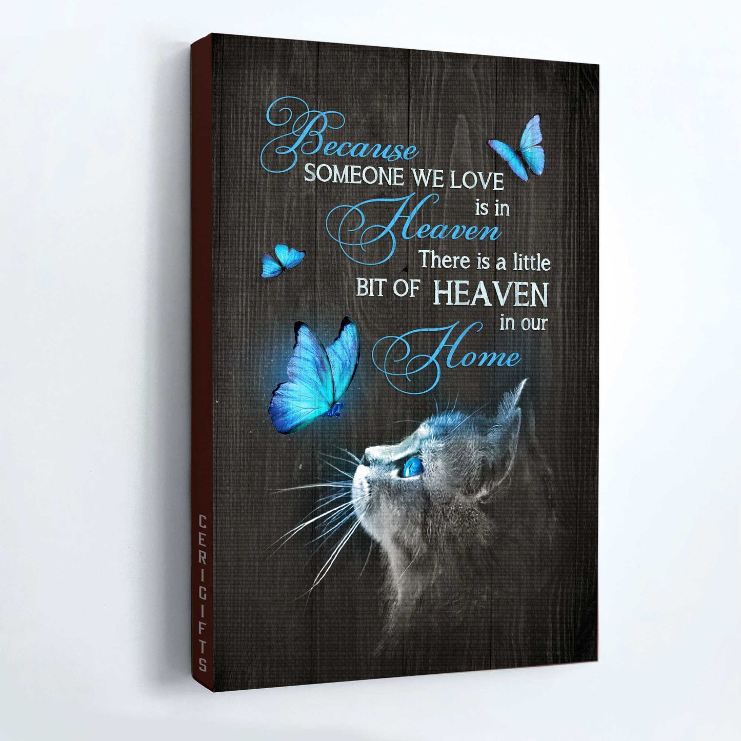 Memorial Portrait Canvas- Amazing Cat Drawing, Magic Butterfly, Heaven Portrait Canvas- Gift For Members Family- Because Someone We Love Is In Heaven