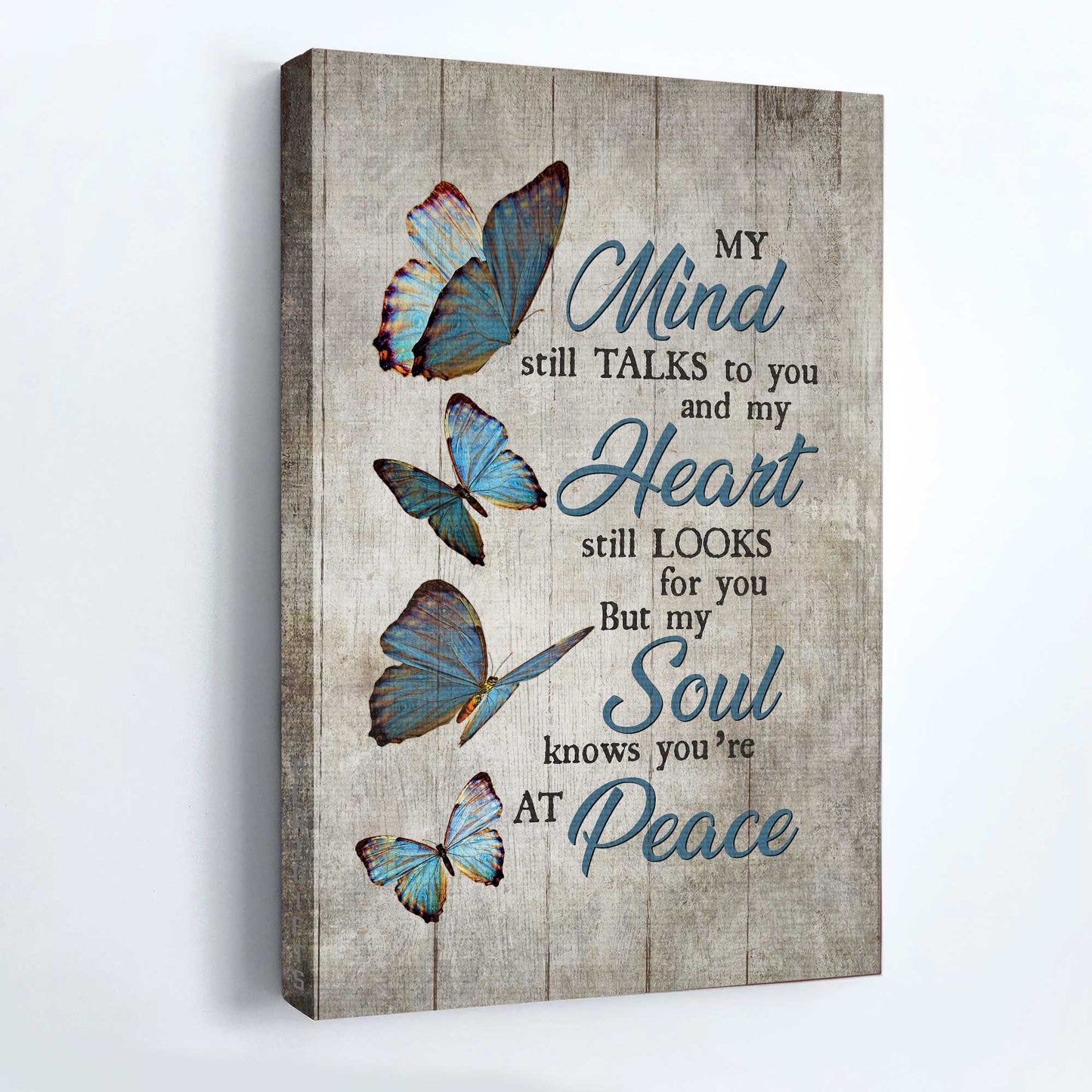 Memorial Portrait Canvas- Blue butterfly, Grey background canvas- Gift for members family- You are at peace - Heaven Portrait Canvas Prints, Wall Art