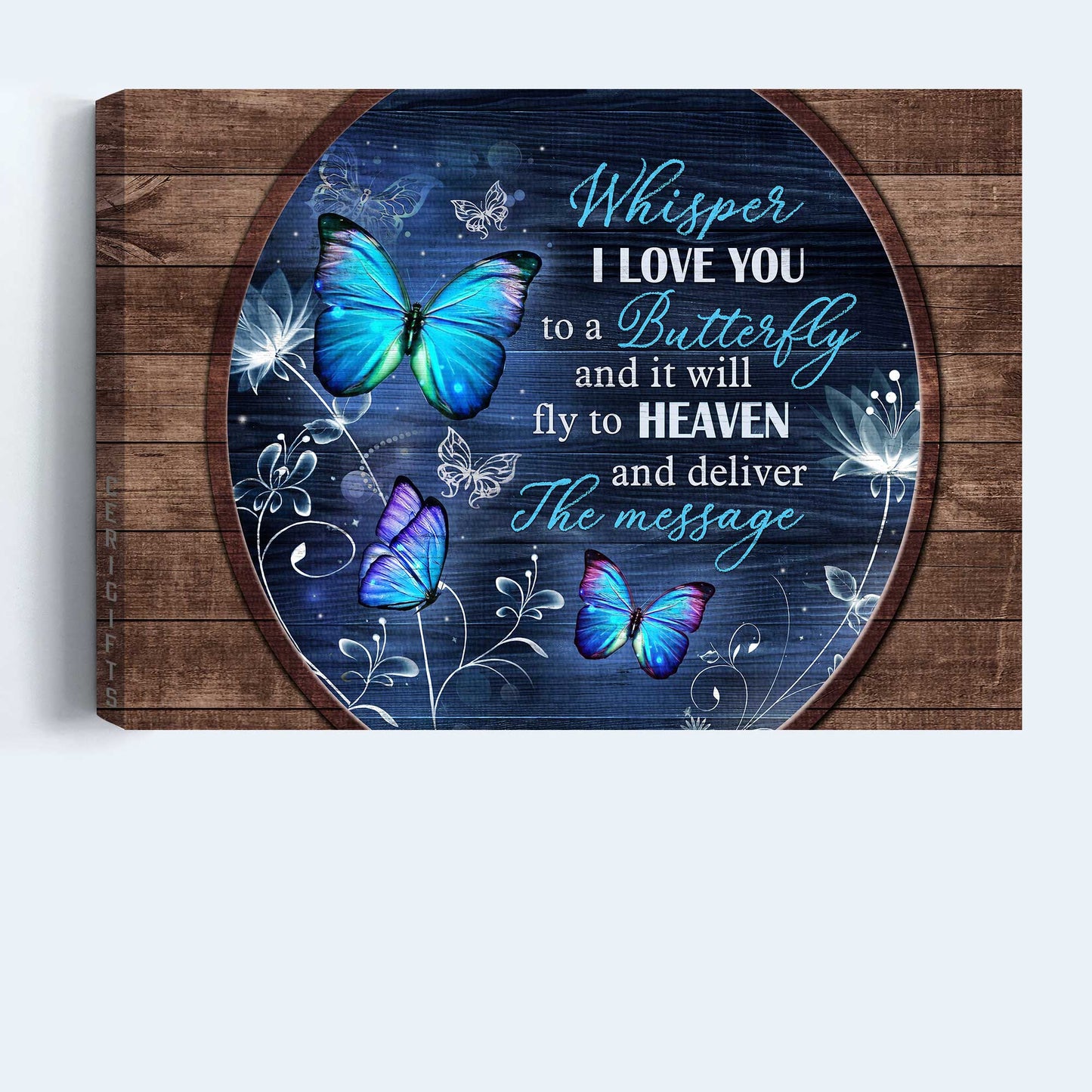Memorial Landscape Canvas- Blue butterfly, Abstract flowers, Memorial gift- Gift for members family- Whisper I love you to a butterfly - Heaven Landscape Canvas Prints, Home Decor Wall Art