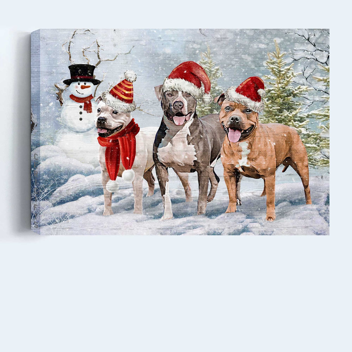 Pitbull Landscape Canvas- Pitbull wearing Santa hat canvas- Gift for dog lover - Dog Landscape Canvas Prints, Wall Art