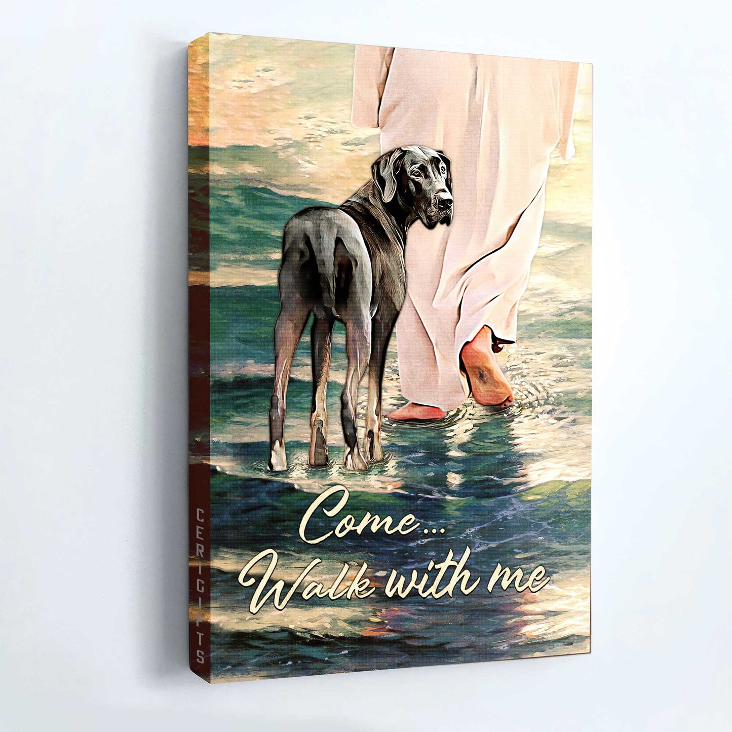 Great Dane Portrait Canvas- Great Dane, On the river, Jesus Painting, Walks with God- Gift for Christian, Dog lover- Jesus Portrait Canvas Prints, Wall Art