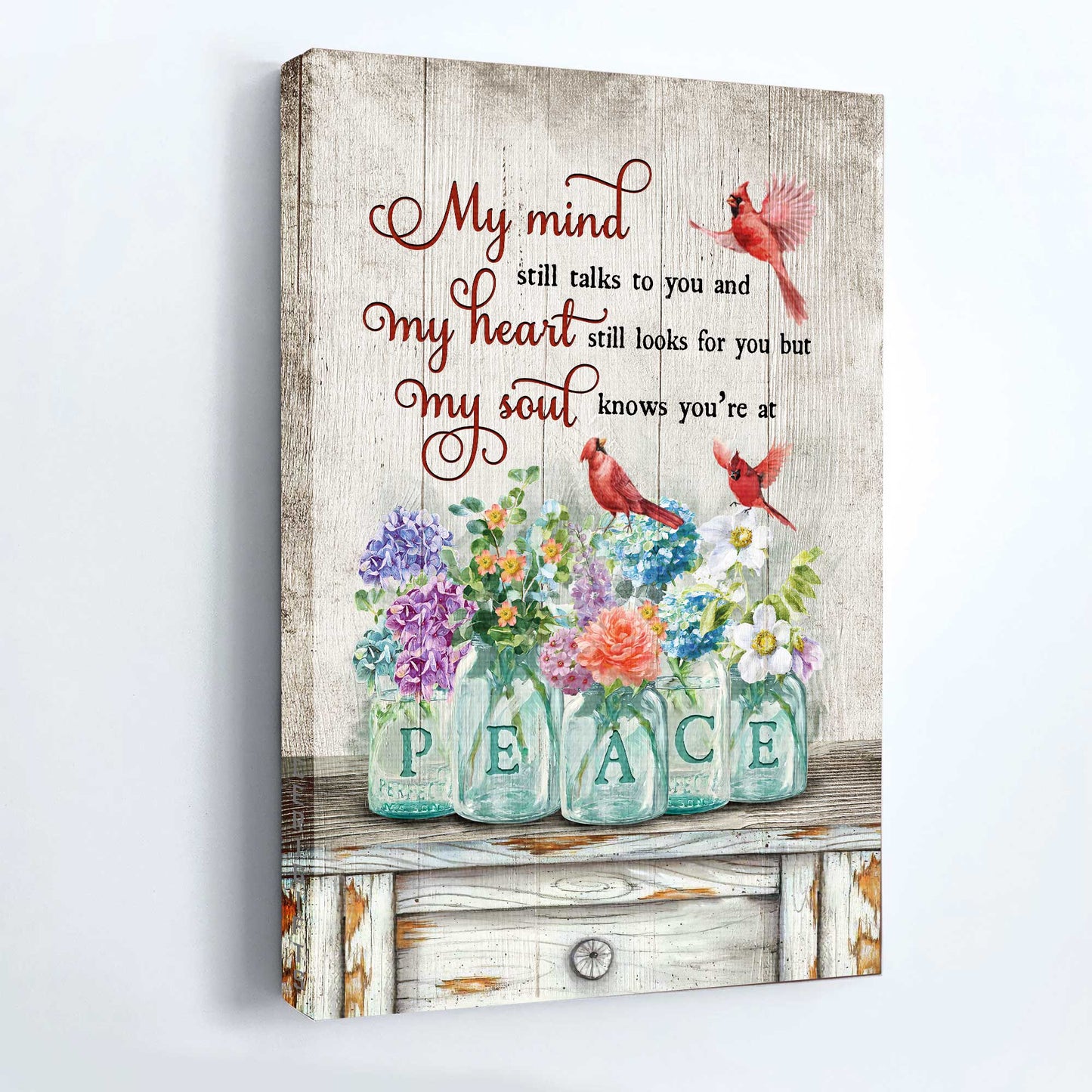 Memorial Portrait Canvas- Red cardinal painting, Charming flower vase, My soul knows you are at peace- Memorial gift for Christian - Heaven Portrait Canvas Prints, Wall Art