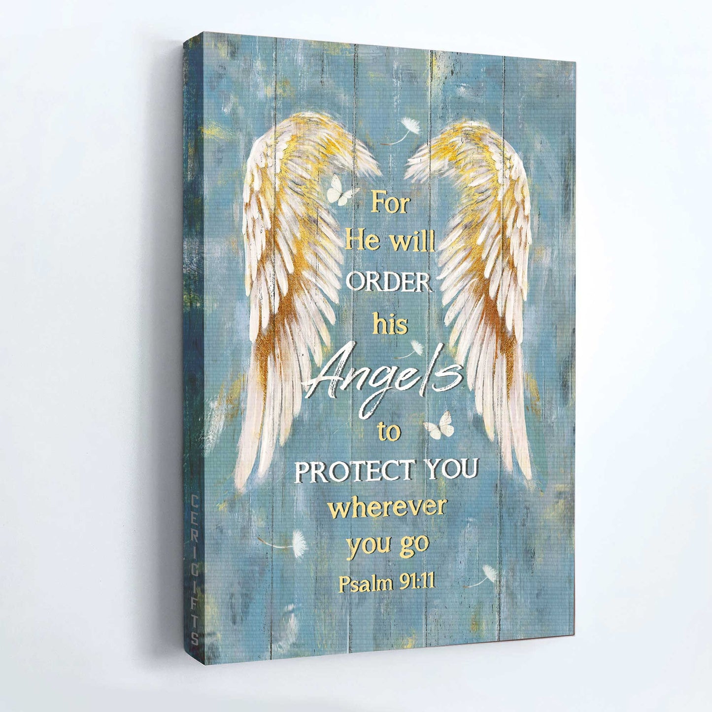 Memorial Portrait Canvas- Pretty angel wings, Blue sky- Gift for Family- For he will order his angels to protect you - Heaven Portrait Canvas Prints, Wall Art