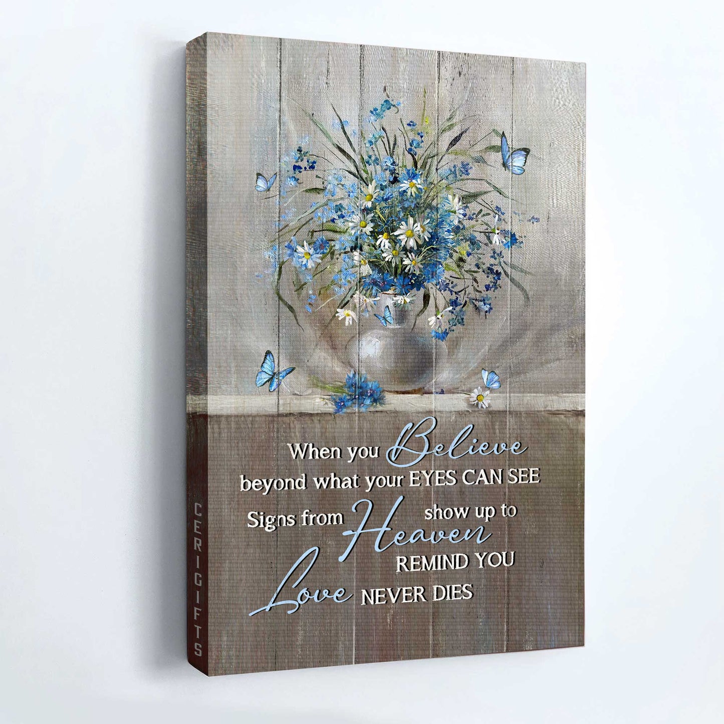 Memorial Portrait Canvas- Blue daisy painting, Still life drawing canvas- Gift for members family- Signs from heaven remind you love never dies - Heaven Portrait Canvas Prints, Wall Art
