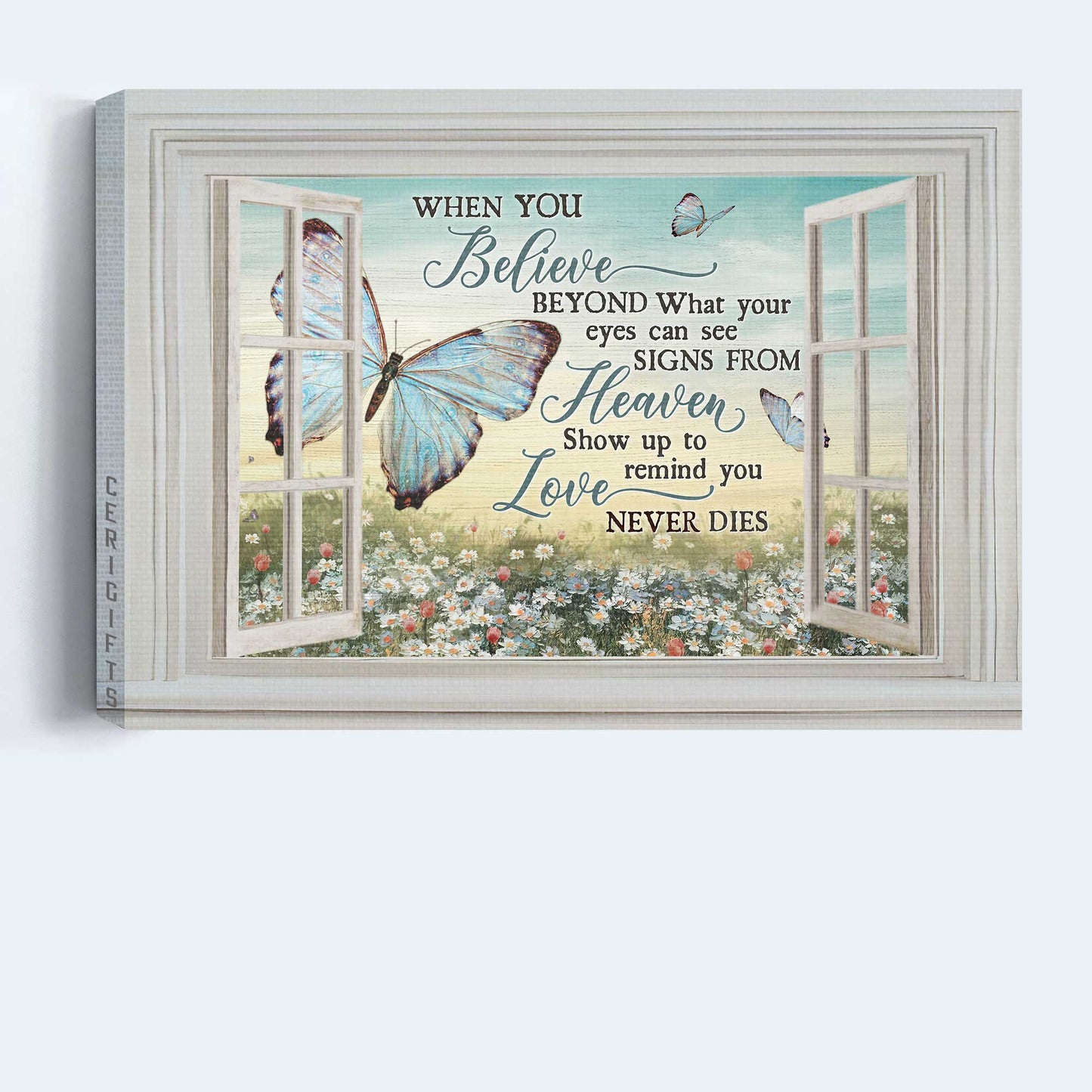 Memorial Landscape Canvas- Blue butterfly, Daisy garden, White window- Gift for members family- When you believe signs from heaven - Heaven Landscape Canvas Prints, Wall Art