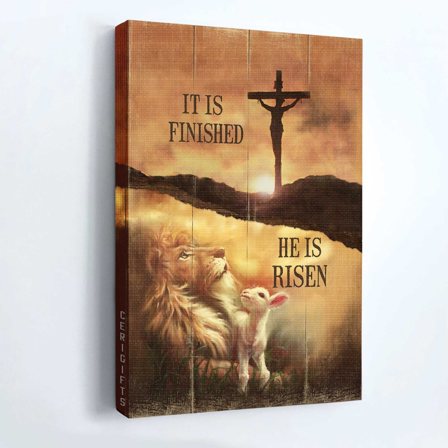Jesus Portrait Canvas- Lion of Judah, Lamb of God, Cross, Sunset Painting- Gift for Christian- It is finish he is risen - Portrait Canvas Prints, Wall Art