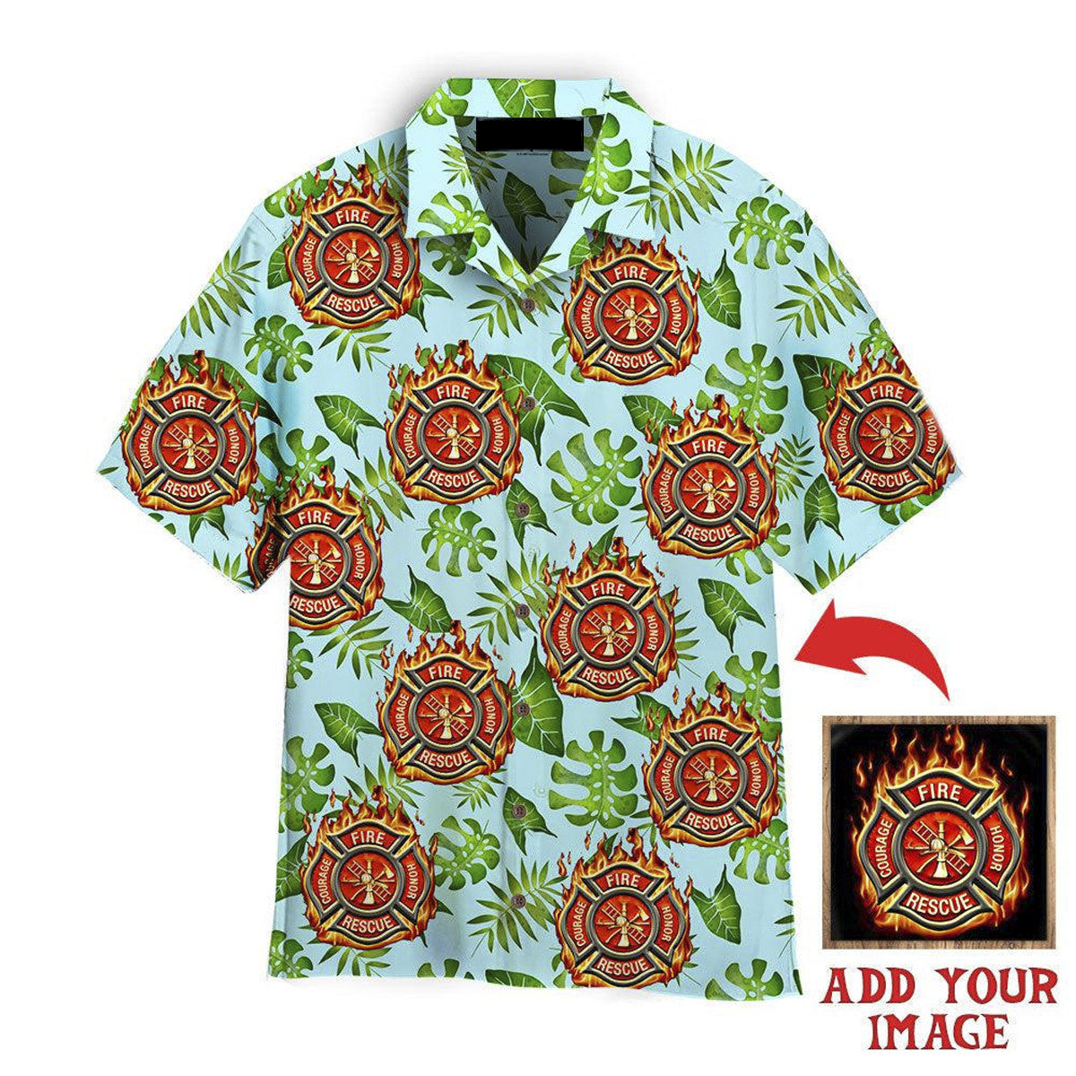 Firefighter On Green Leaves Custom Hawaiian Shirt, Personalized Hawaiian Shirts, Custom Photo Hawaiian Shirt