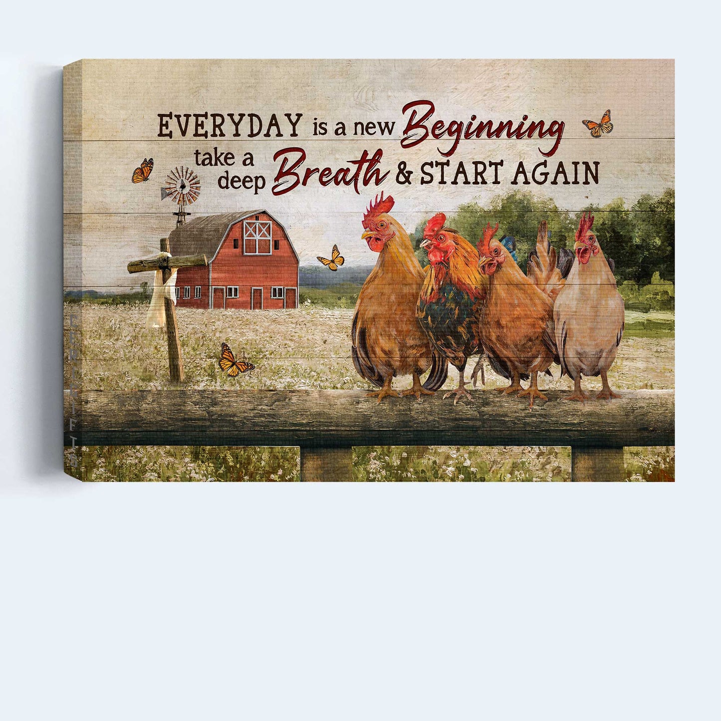 Jesus Landscape Canvas- Cute rooster, Happy farm, Red house, Orange butterfly canvas- Gift for Christian- Everyday is a new beginning