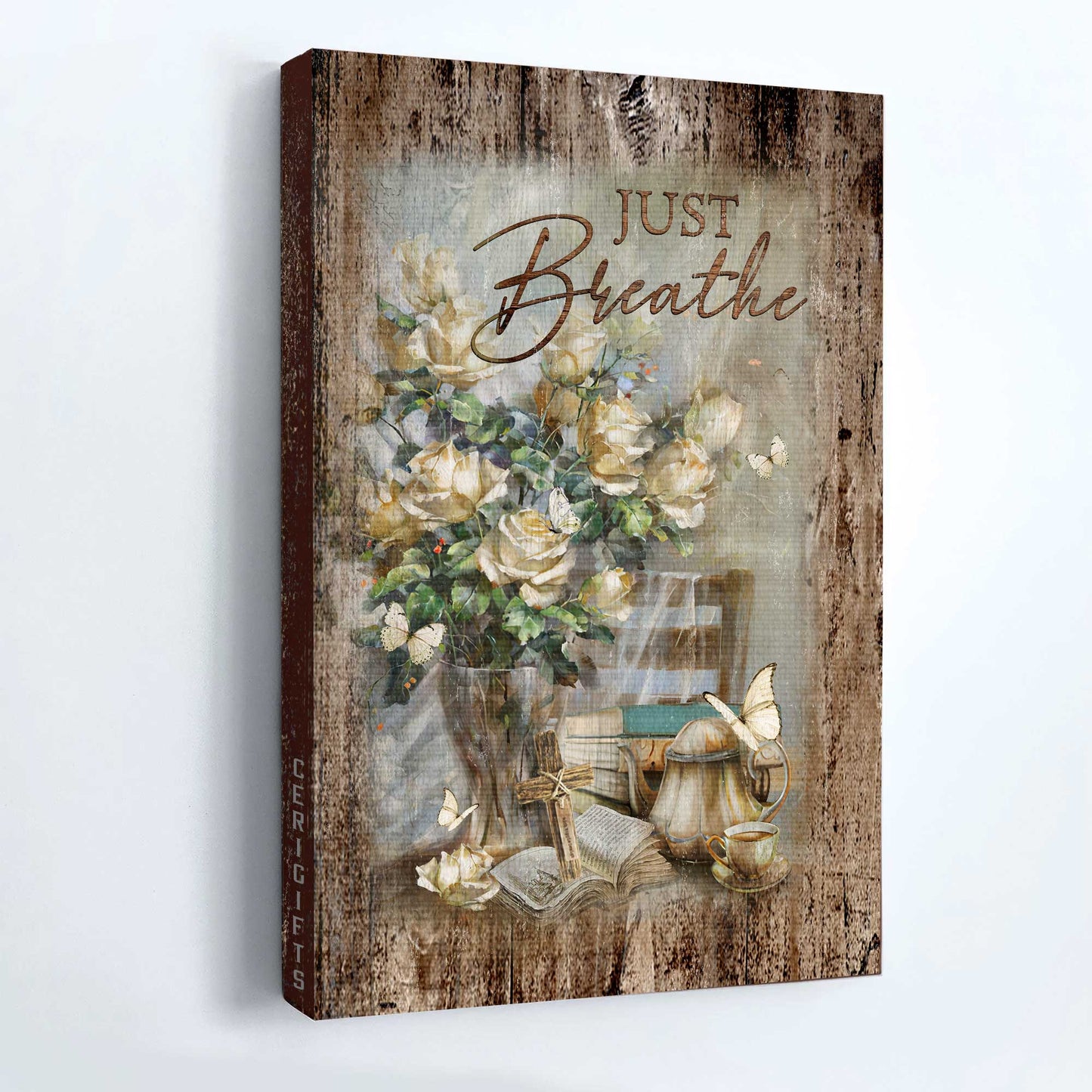 Jesus Portrait Canvas- Pretty rose vase, Antique painting, Tea pot, Just breathe canvas- Gift for Christian- Portrait Canvas Prints, Christian Wall Art