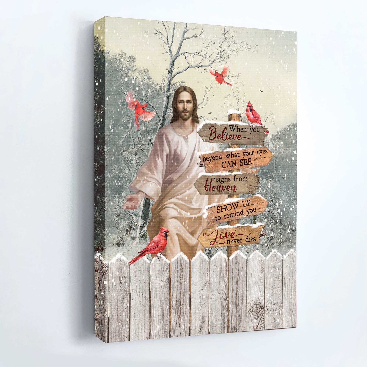 Memorial Portrait Canvas - Red cardinal, Jesus Christ, Winter season, When you believe beyond what your eyes can see- Gift for member family - Heaven Portrait Canvas Prints, Wall Art