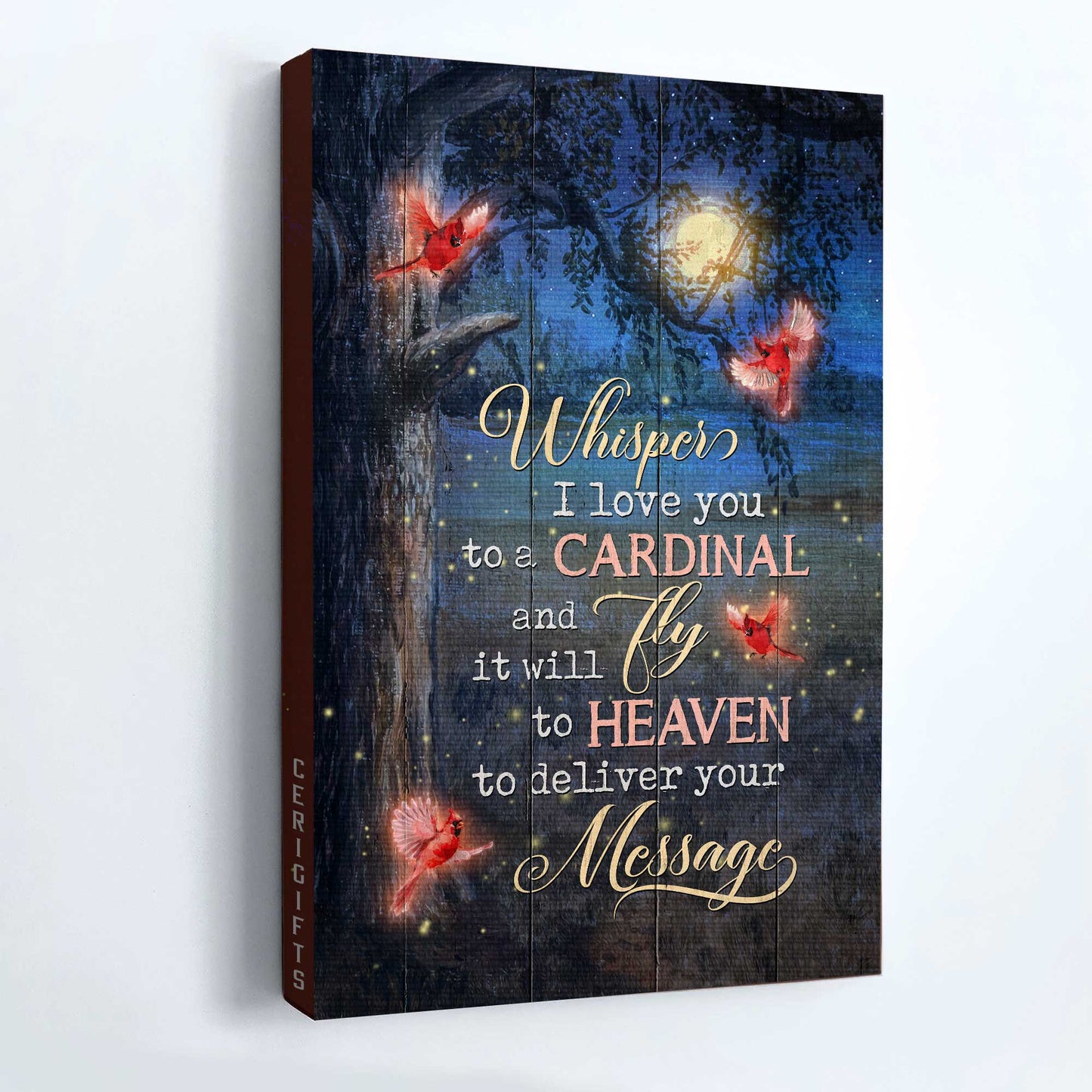 Memorial Portrait Canvas- Red cardinal, Beautiful moon, Amazing night painting- Memorial gift for family- Whisper I love you to a cardinal - Heaven Portrait Canvas Prints, Wall Art