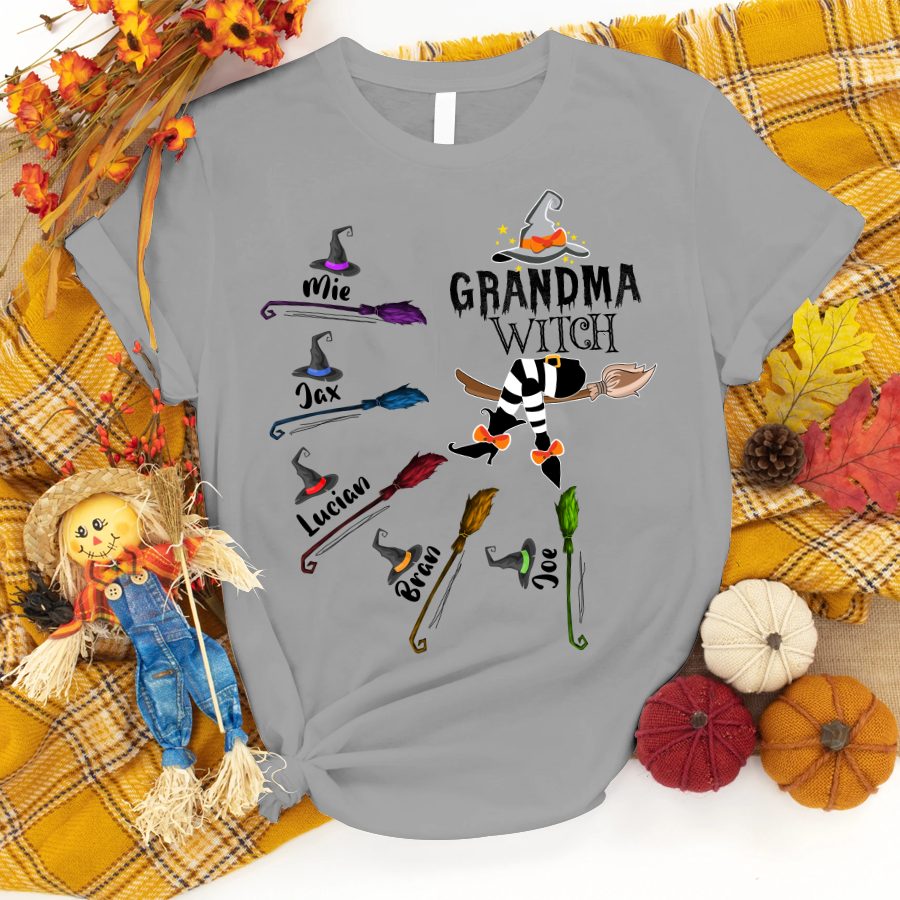 Grandma and Kids Custom Name T-shirt, Grandma Witch And Broom Kids Personalized Shirt - Perfect Gift For Gigi, Nana, Mimi, Grandma